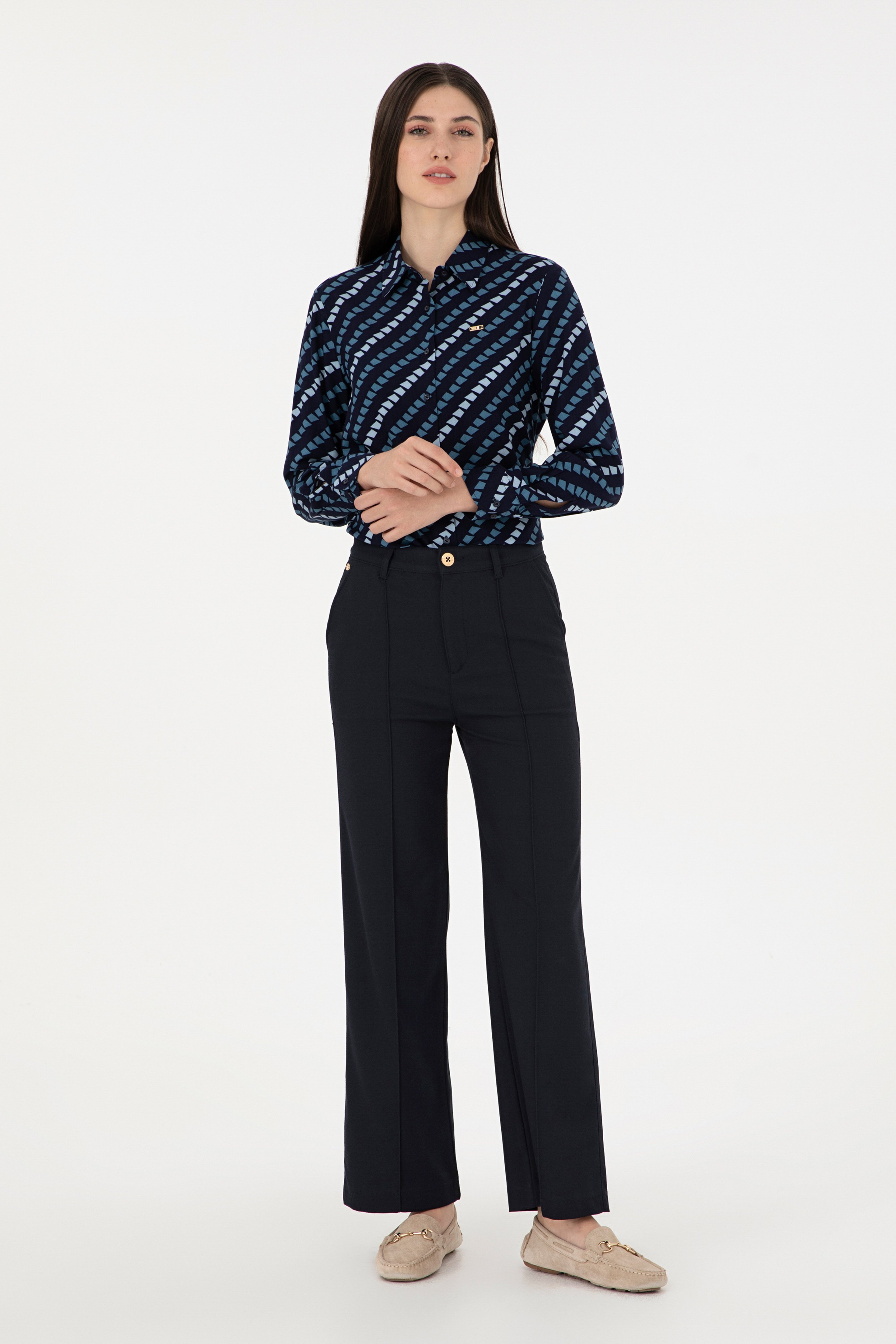 Kadın Lacivert Straight Fit Kanvas Pantolon - Image 1