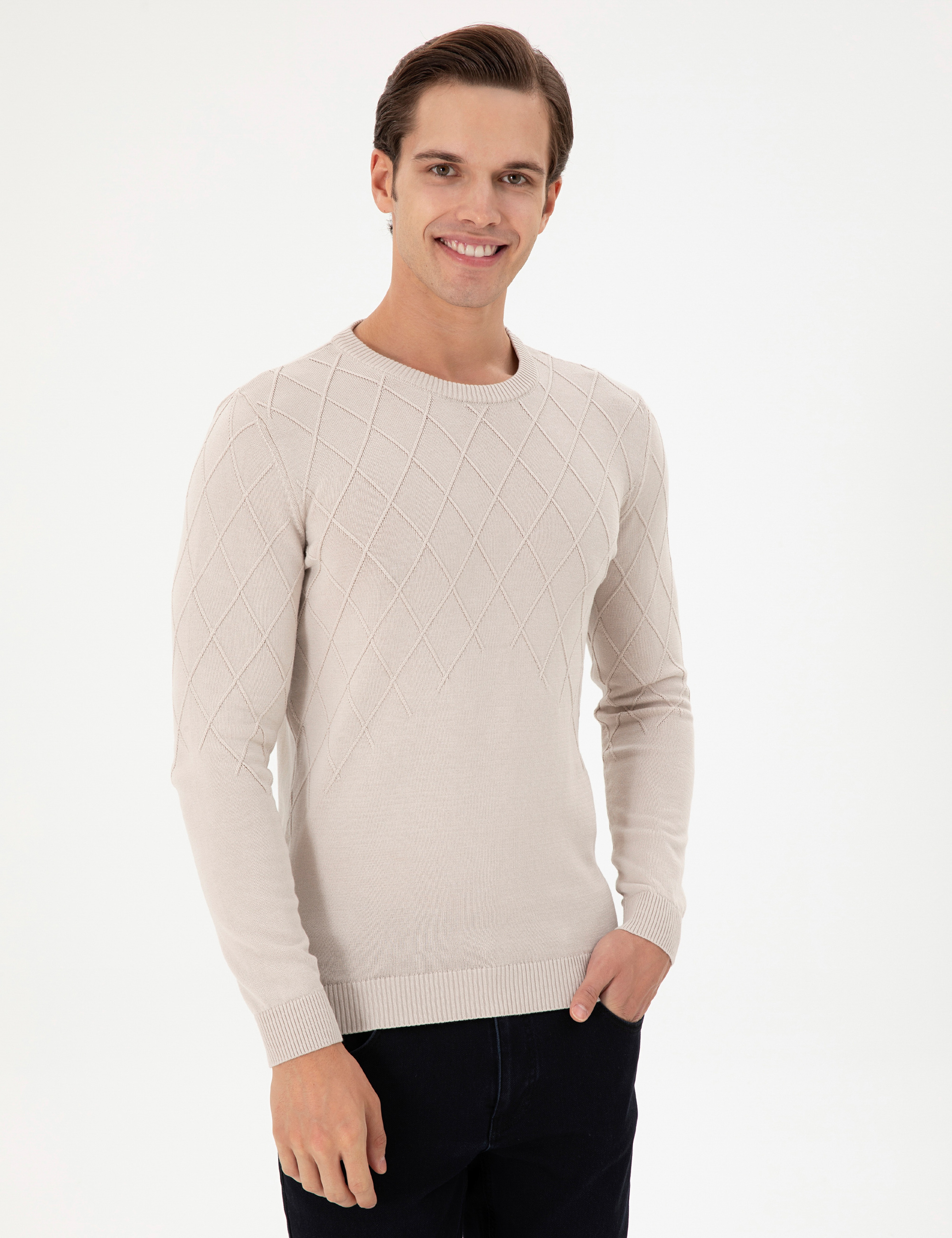 Erkek Slim Fit Bisiklet Yaka Taş Kazak - Image 3
