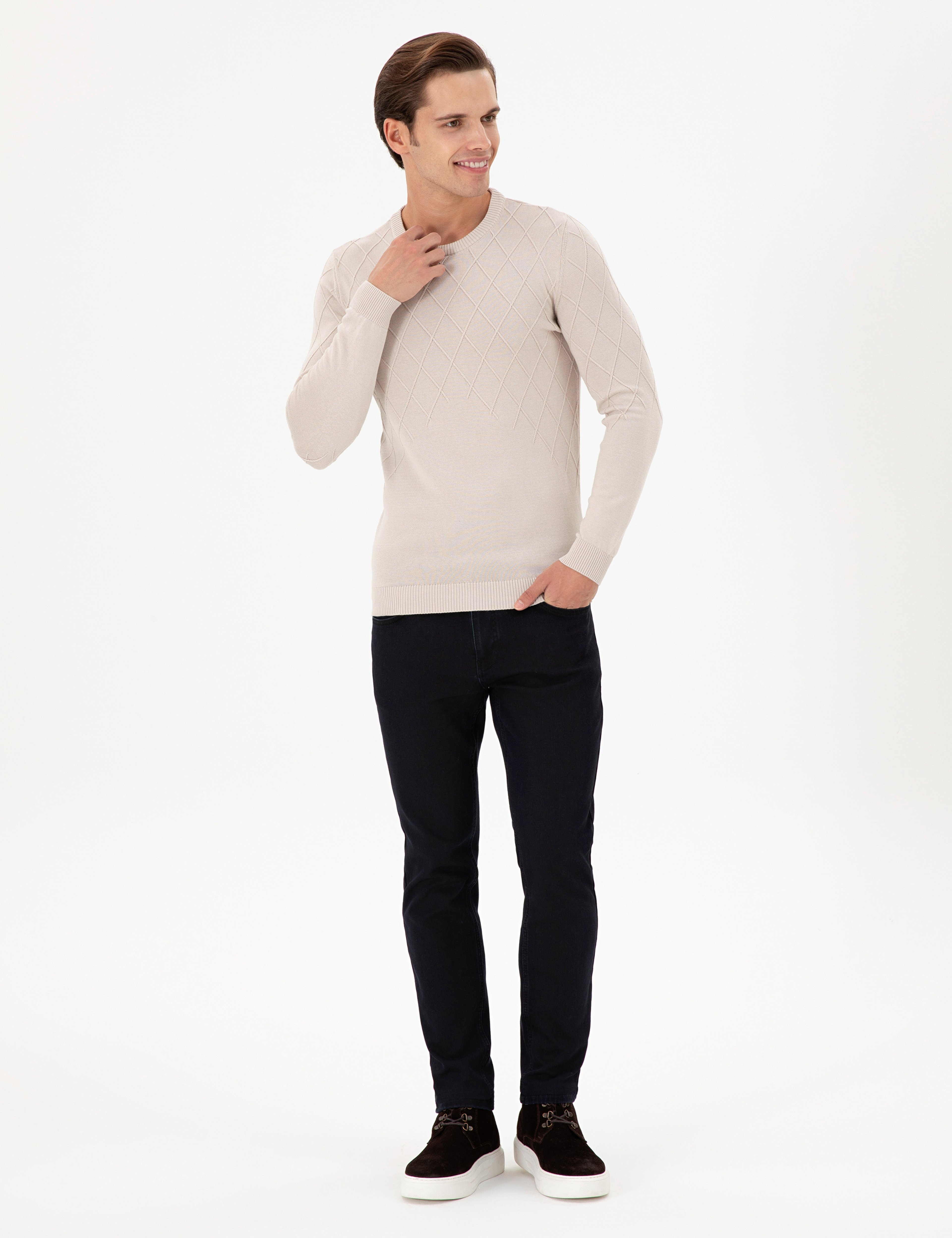 Erkek Slim Fit Bisiklet Yaka Taş Kazak - Image 4