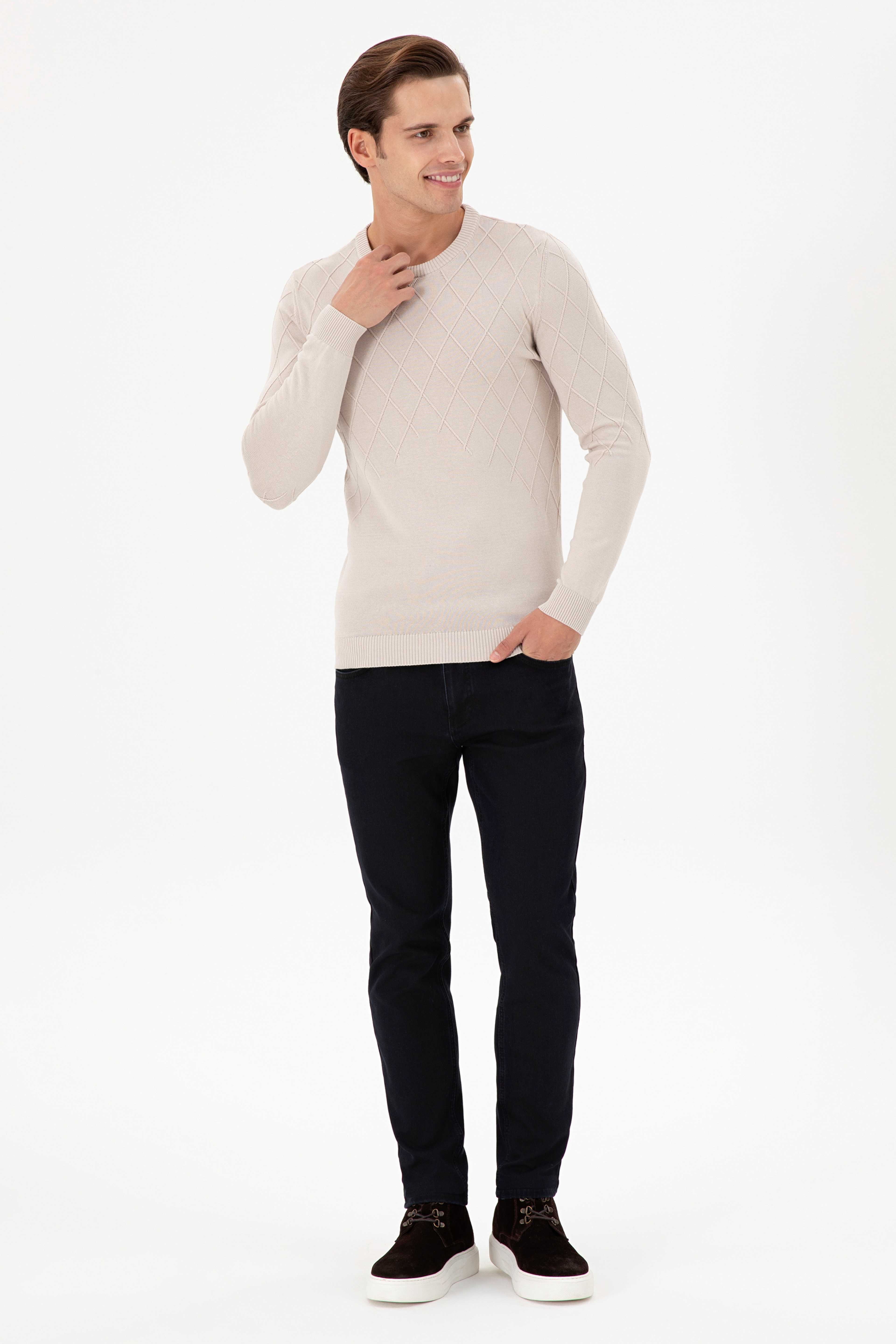 Erkek Slim Fit Bisiklet Yaka Taş Kazak