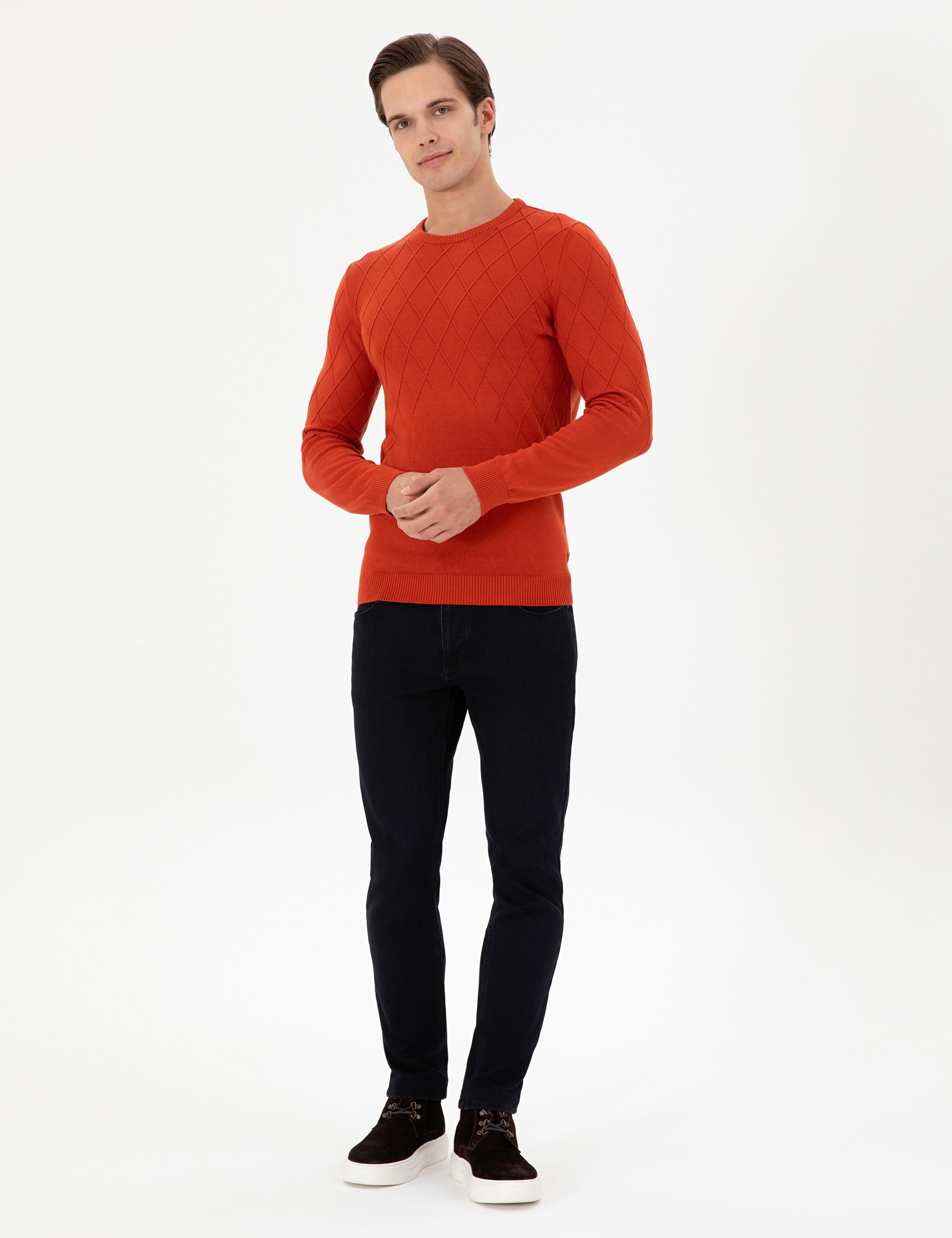Erkek Slim Fit Bisiklet Yaka Kiremit Kazak - Image 4