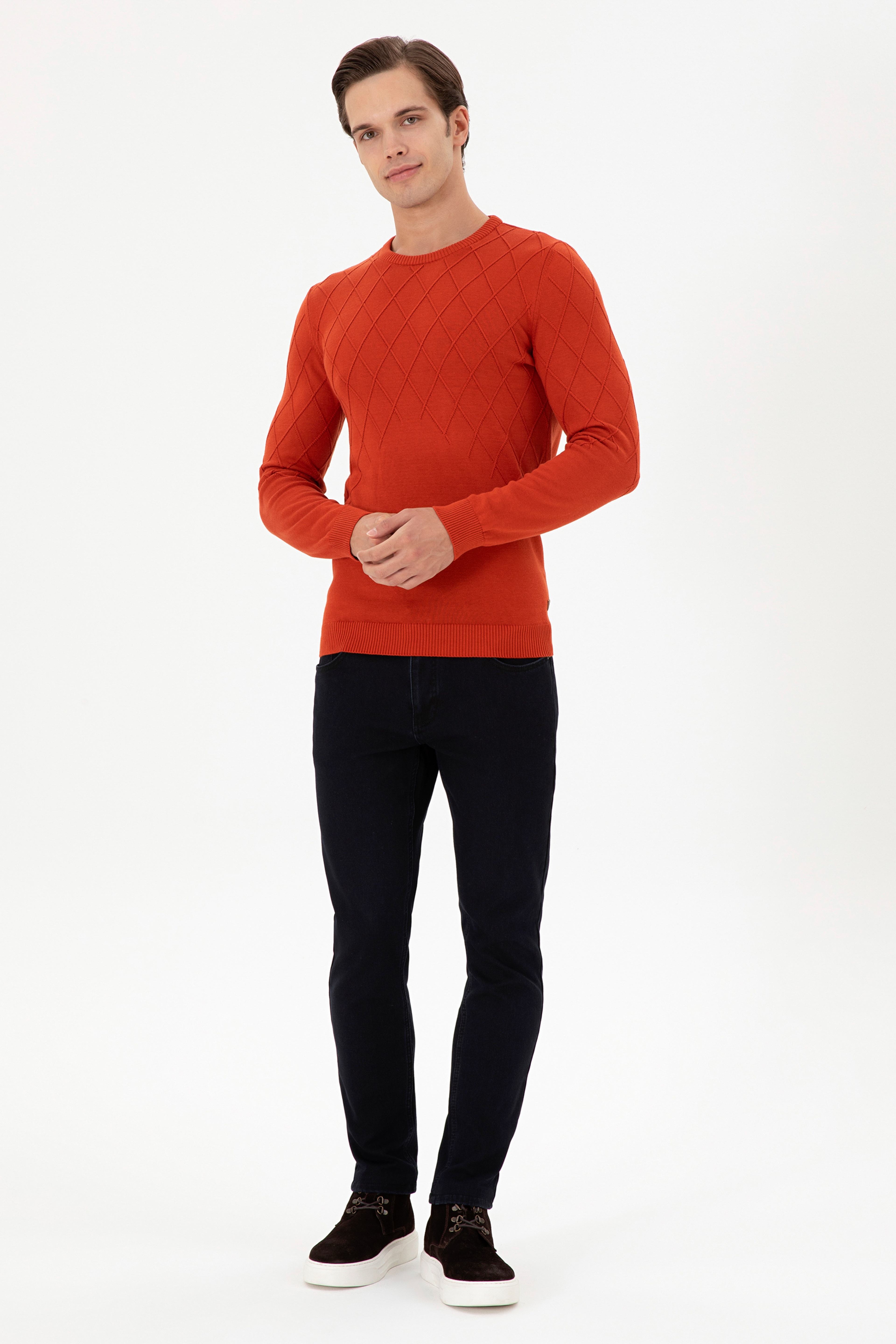 Erkek Slim Fit Bisiklet Yaka Kiremit Kazak