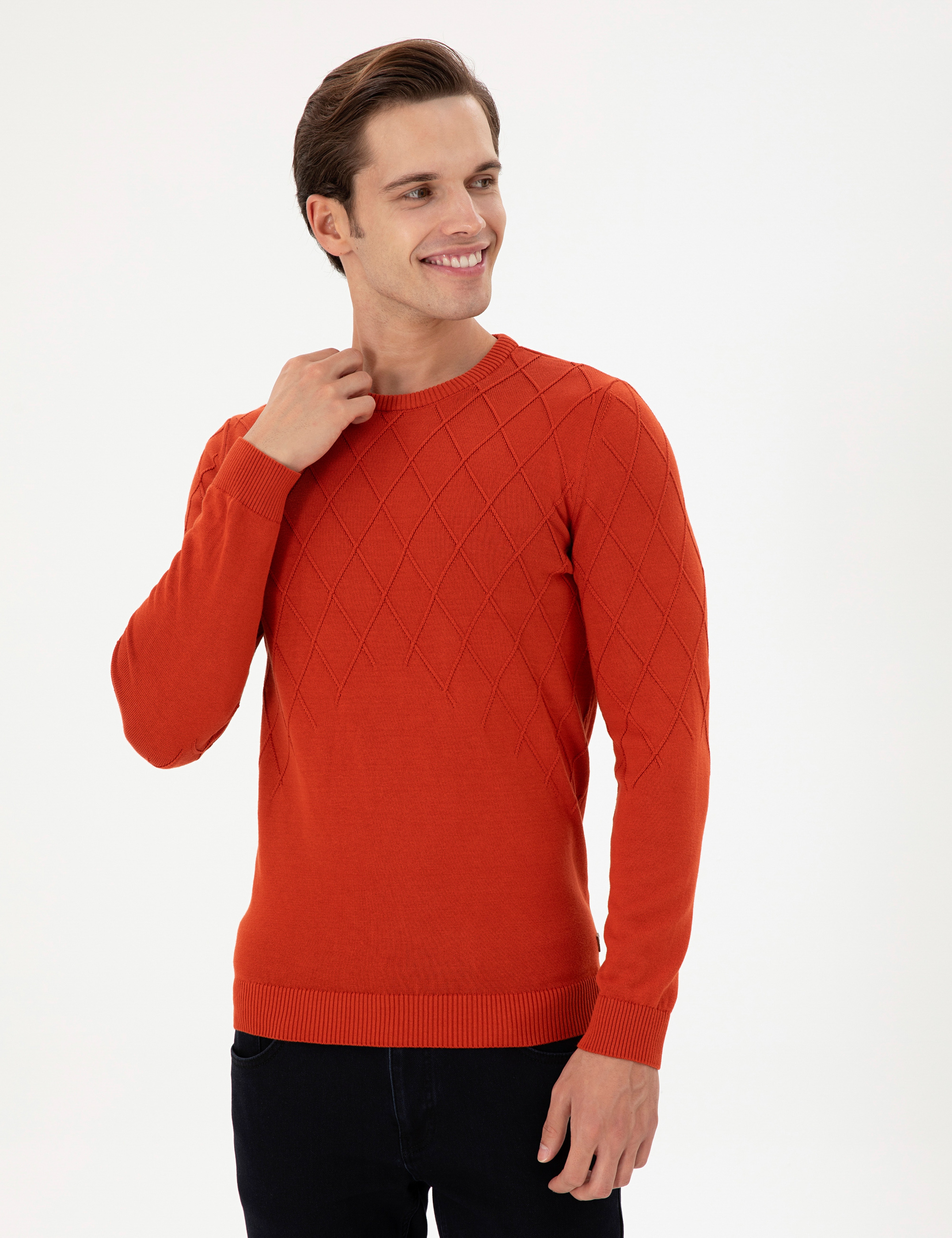 Erkek Slim Fit Bisiklet Yaka Kiremit Kazak - Image 3
