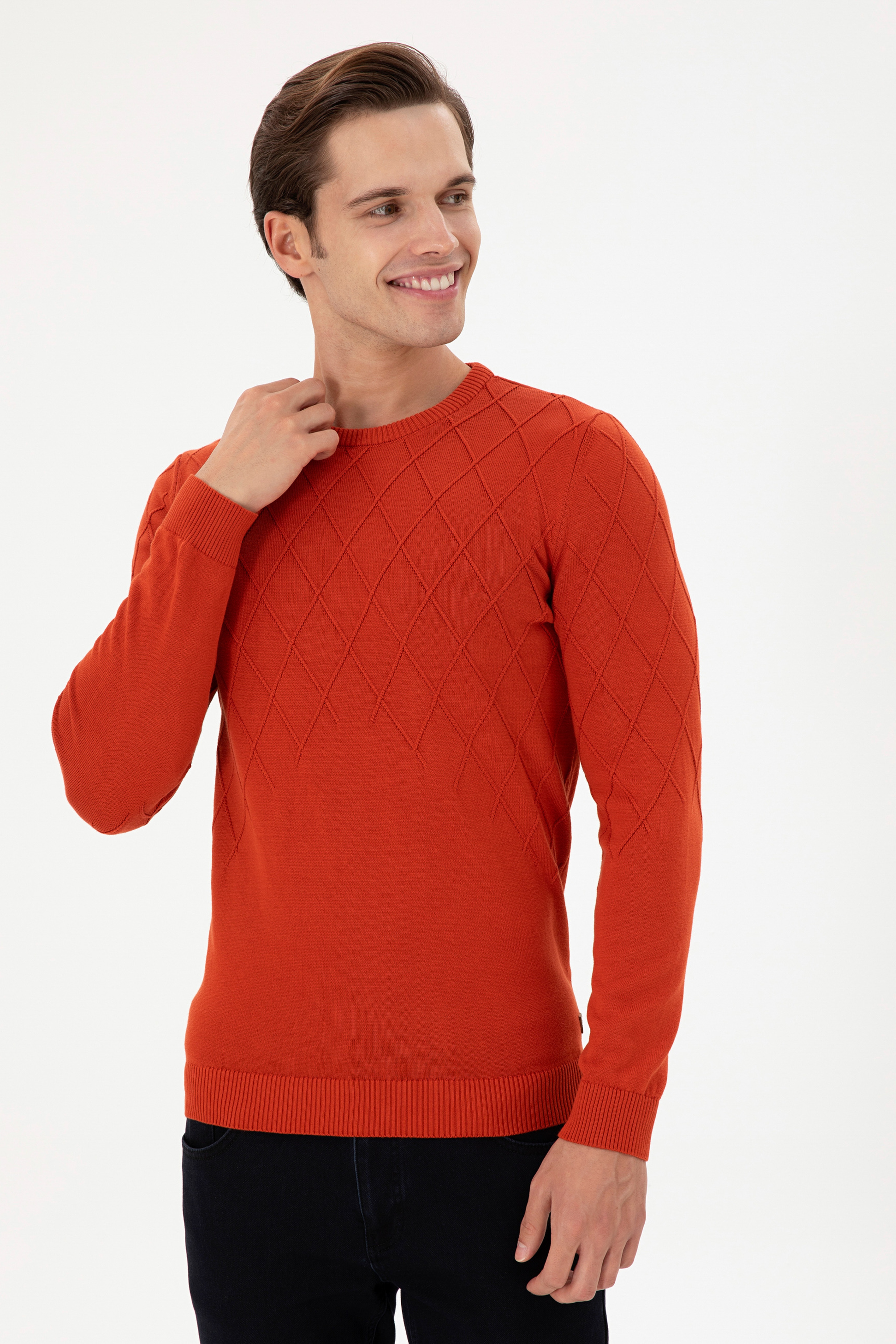 Erkek Slim Fit Bisiklet Yaka Kiremit Kazak