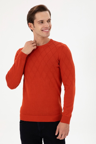 Erkek Slim Fit Bisiklet Yaka Kiremit Kazak