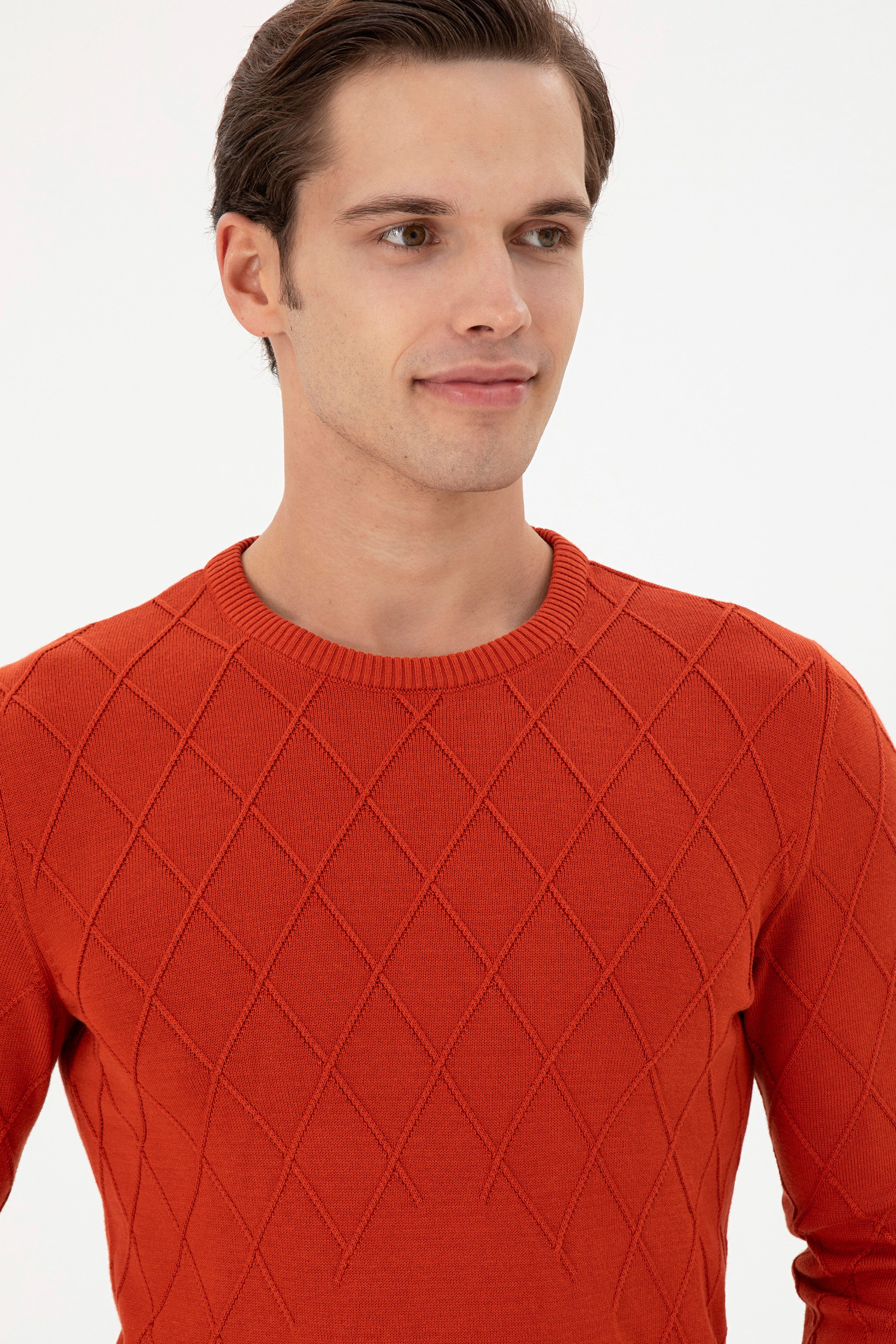 Erkek Slim Fit Bisiklet Yaka Kiremit Kazak