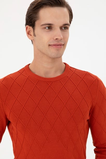 Erkek Slim Fit Bisiklet Yaka Kiremit Kazak