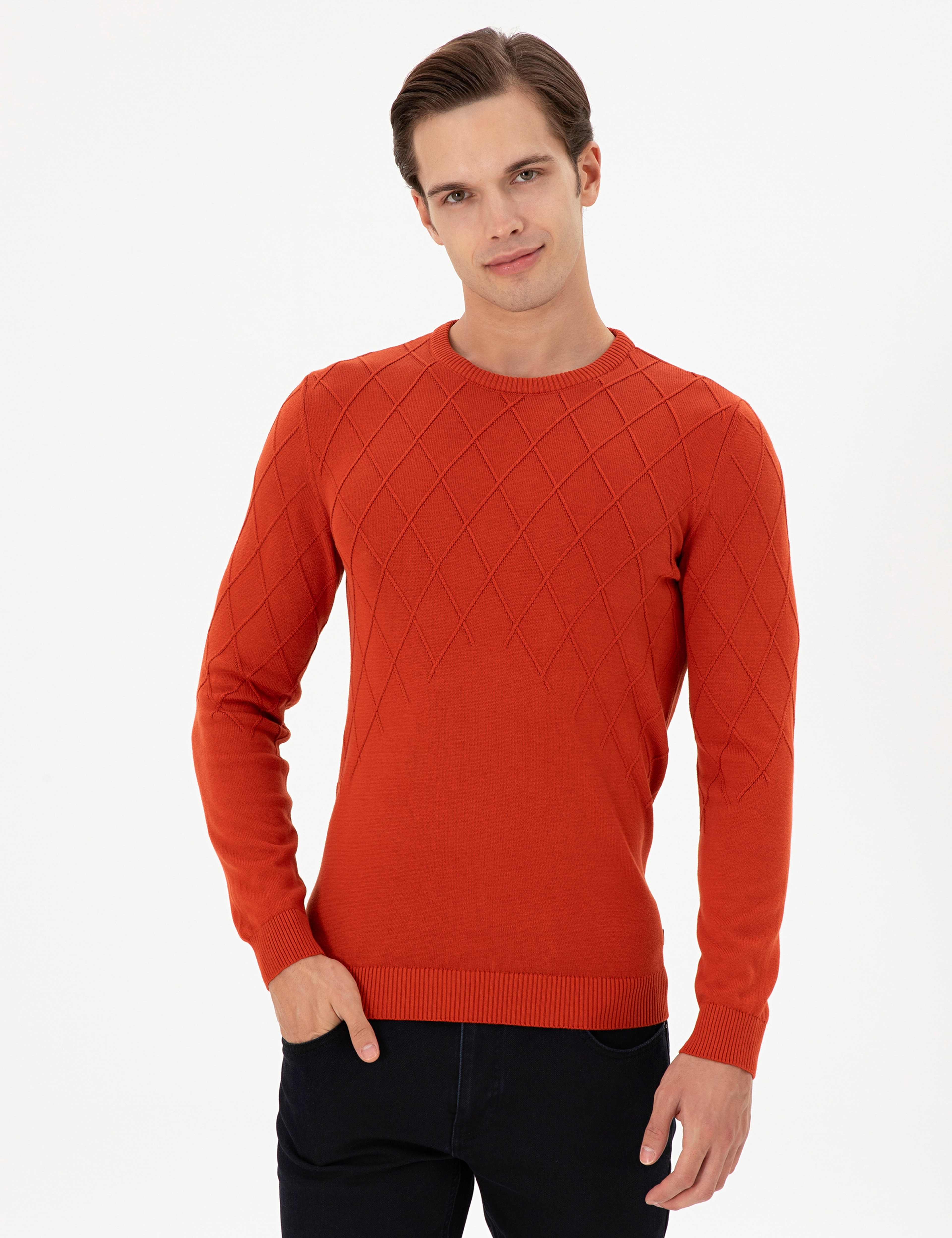 Erkek Slim Fit Bisiklet Yaka Kiremit Kazak - Image 1