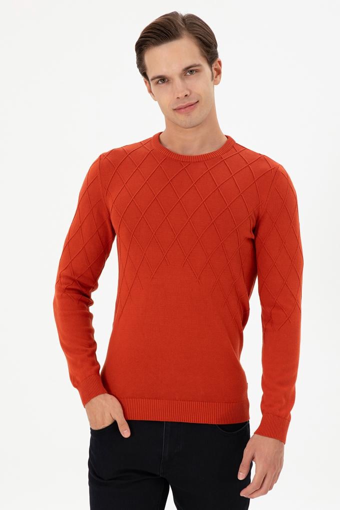 Erkek Slim Fit Bisiklet Yaka Kiremit Kazak