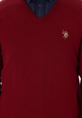 Erkek Slim Fit V Yaka Bordo Basic Kazak - 50288885051