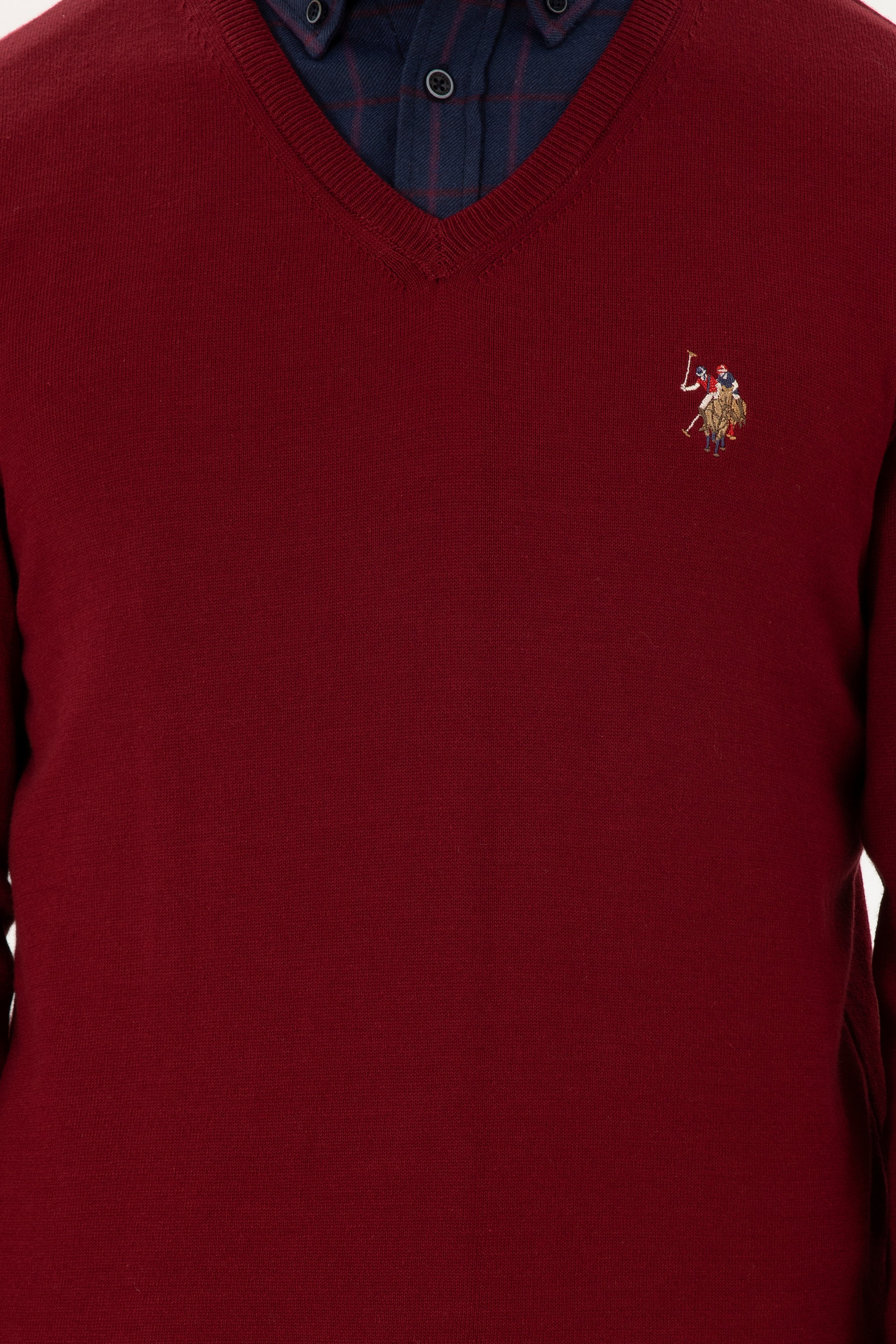 Erkek Slim Fit V Yaka Bordo Basic Kazak - Image 6