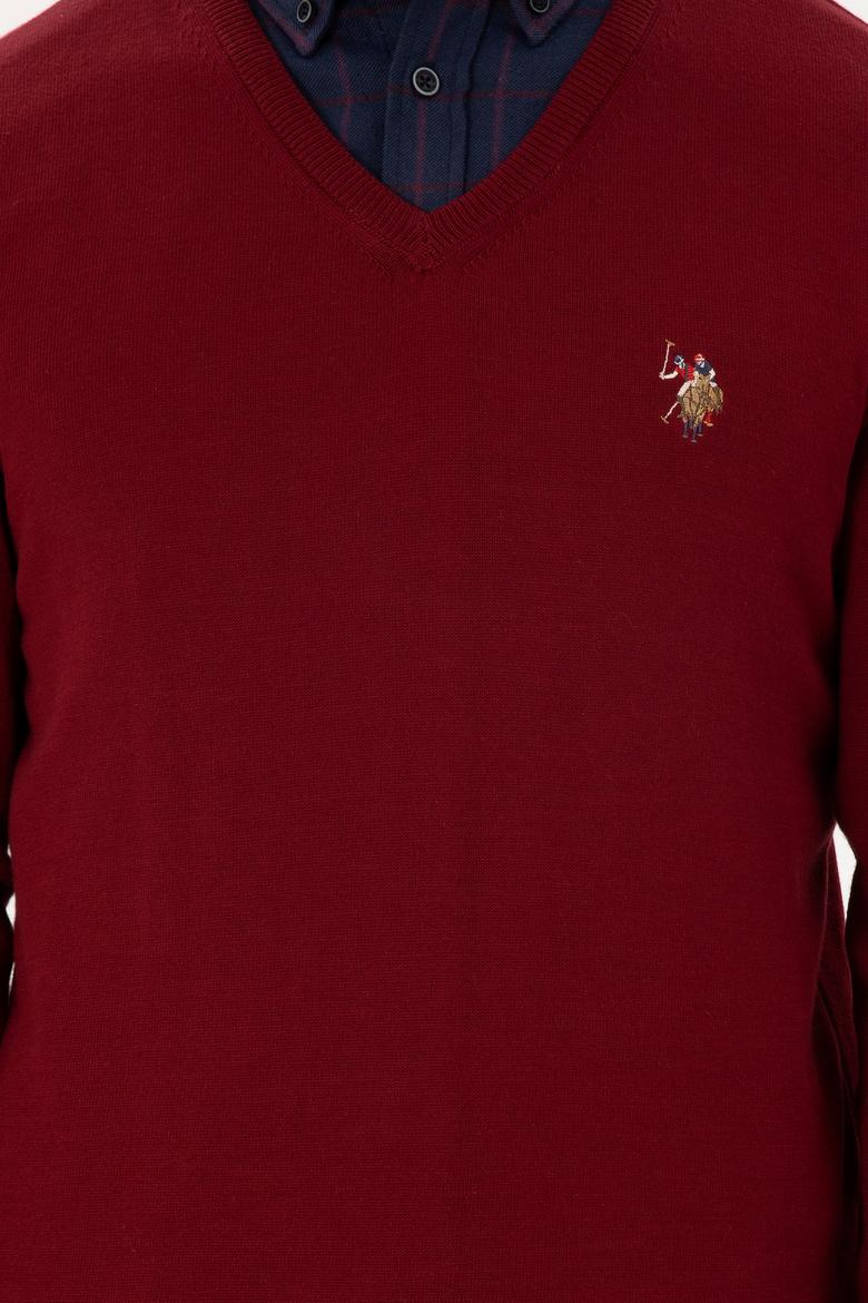 Erkek Slim Fit V Yaka Bordo Basic Kazak - 50288885051