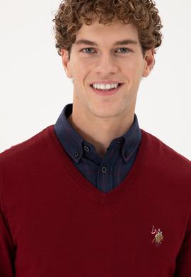 Erkek Slim Fit V Yaka Bordo Basic Kazak - 50288885051