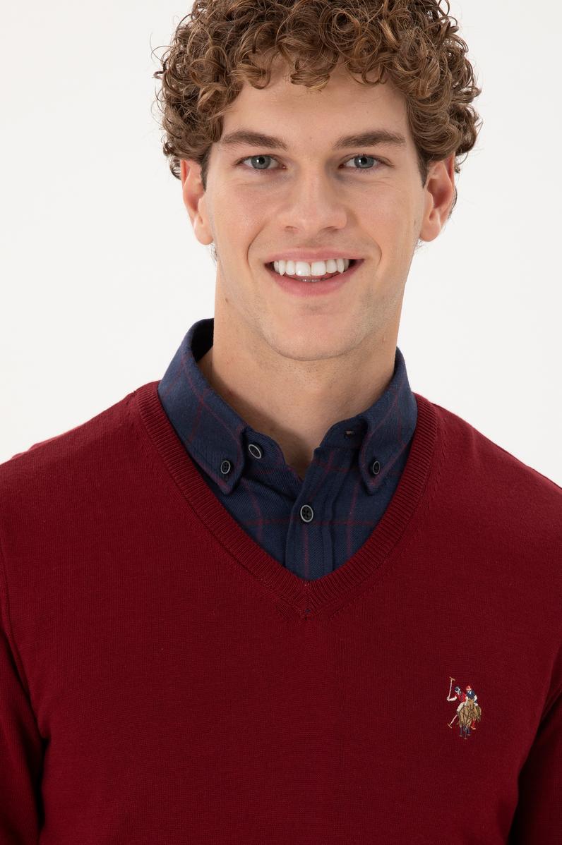 Erkek Slim Fit V Yaka Bordo Basic Kazak