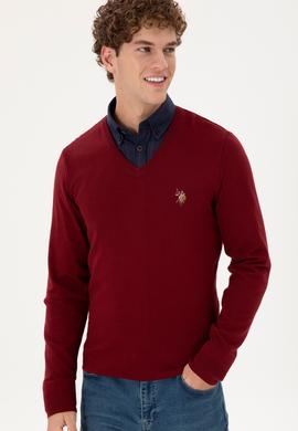 Erkek Slim Fit V Yaka Bordo Basic Kazak - 50288885051