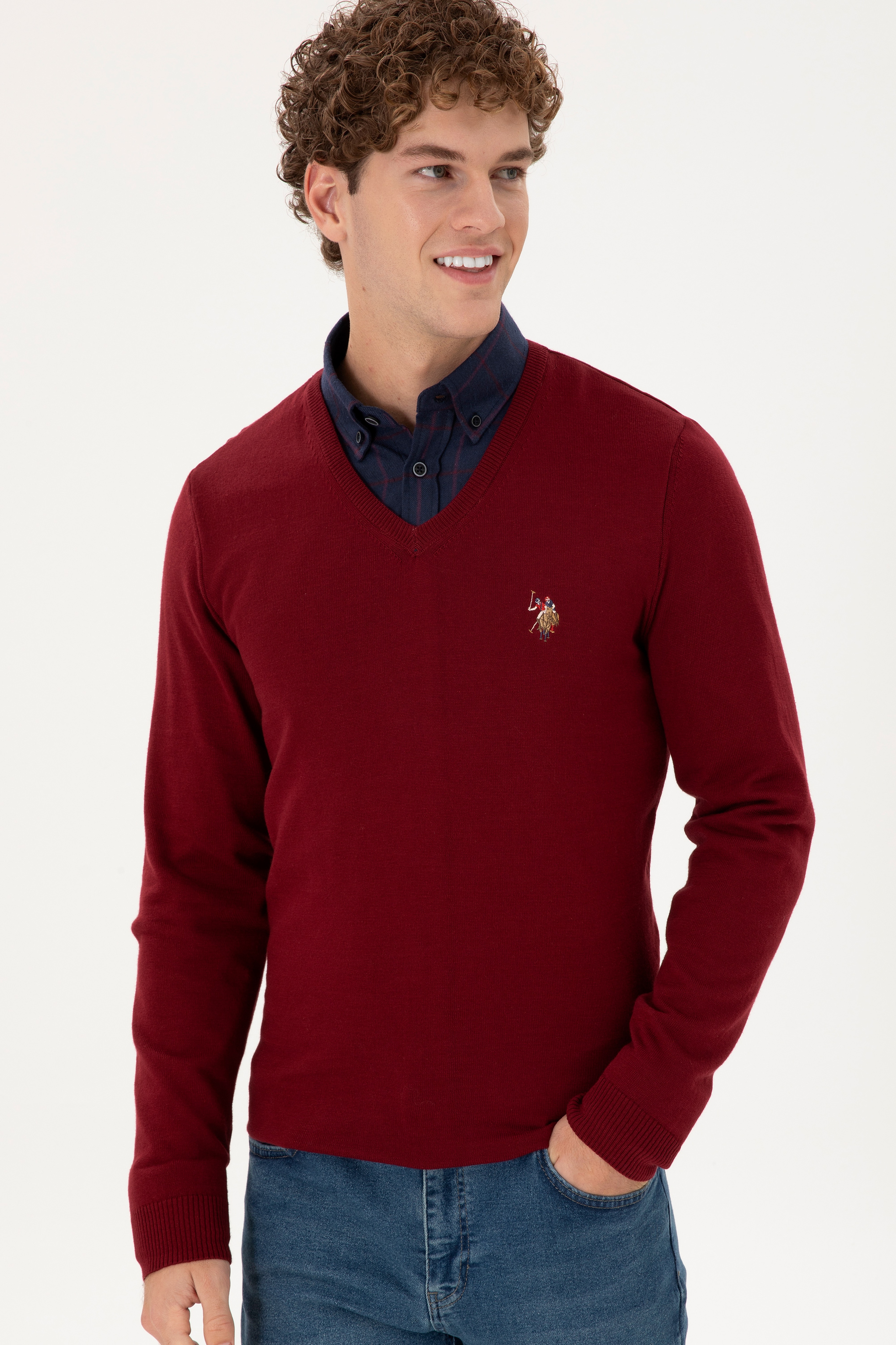 Erkek Slim Fit V Yaka Bordo Basic Kazak - Image 3