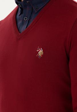 Erkek Slim Fit V Yaka Bordo Basic Kazak - 50288885051