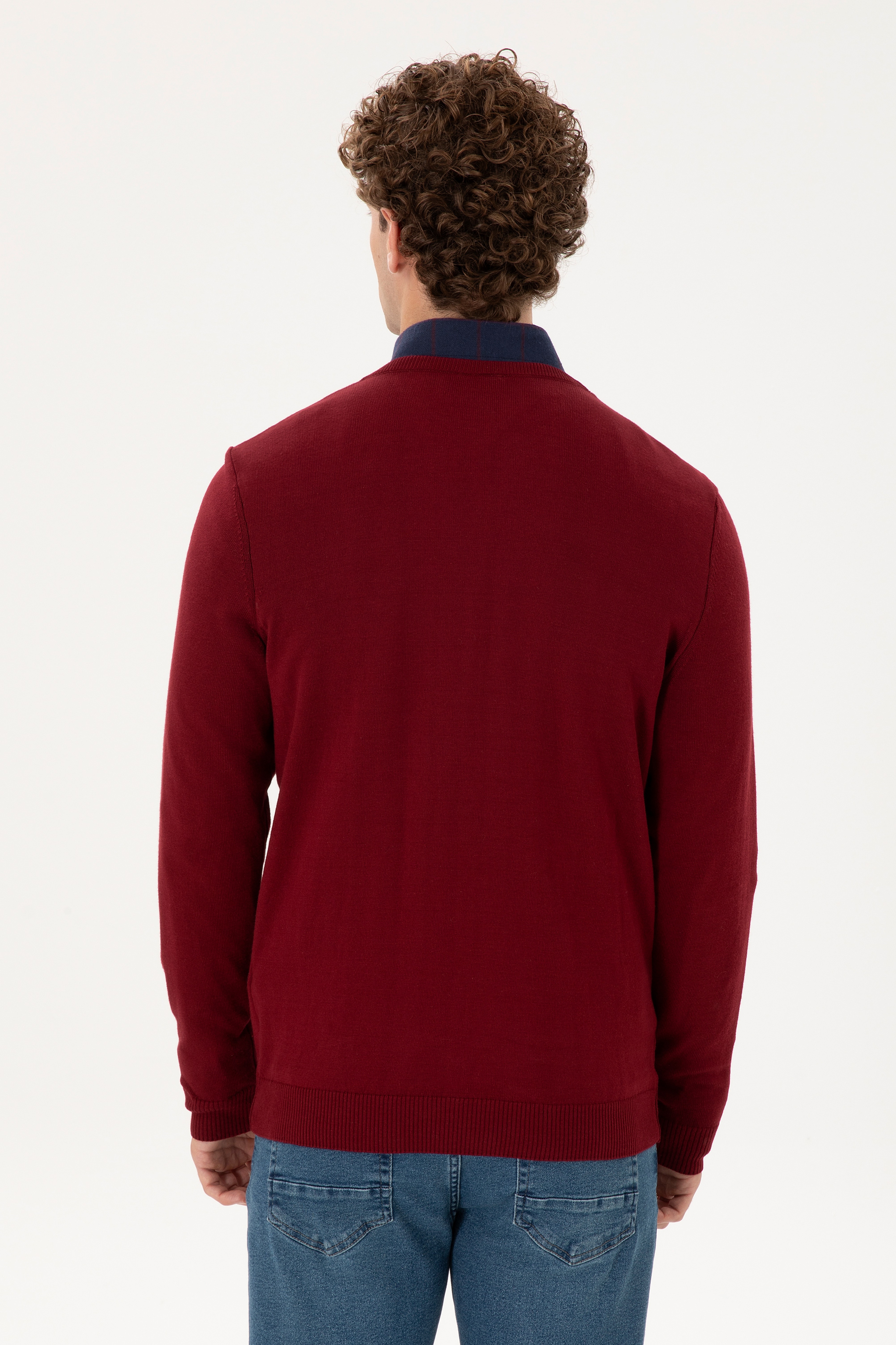 Erkek Slim Fit V Yaka Bordo Basic Kazak - Image 5