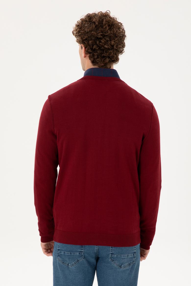 Erkek Slim Fit V Yaka Bordo Basic Kazak - 50288885051