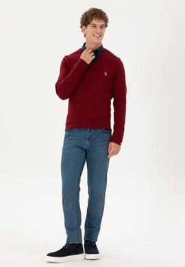 Erkek Slim Fit V Yaka Bordo Basic Kazak - 50288885051