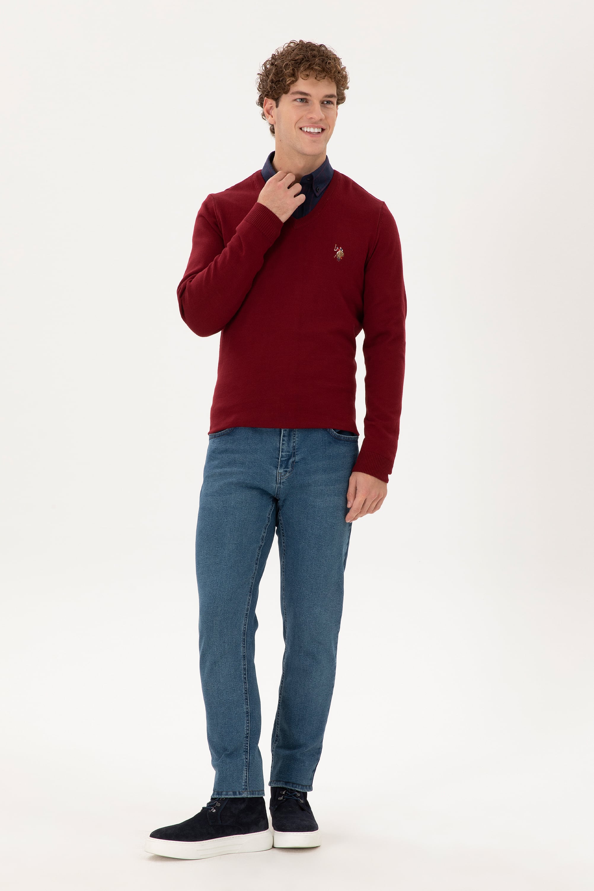 Erkek Slim Fit V Yaka Bordo Basic Kazak