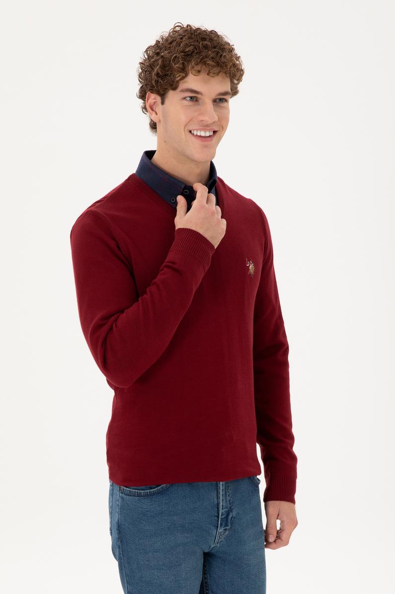 Erkek Slim Fit V Yaka Bordo Basic Kazak
