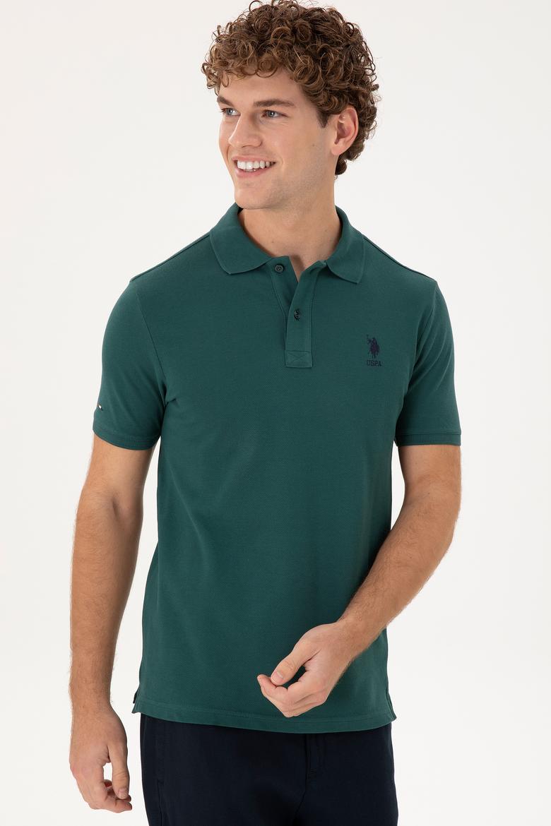 Erkek Slim Fit Polo Yaka Koyu Yeşil Basic Tişört - 50297456031