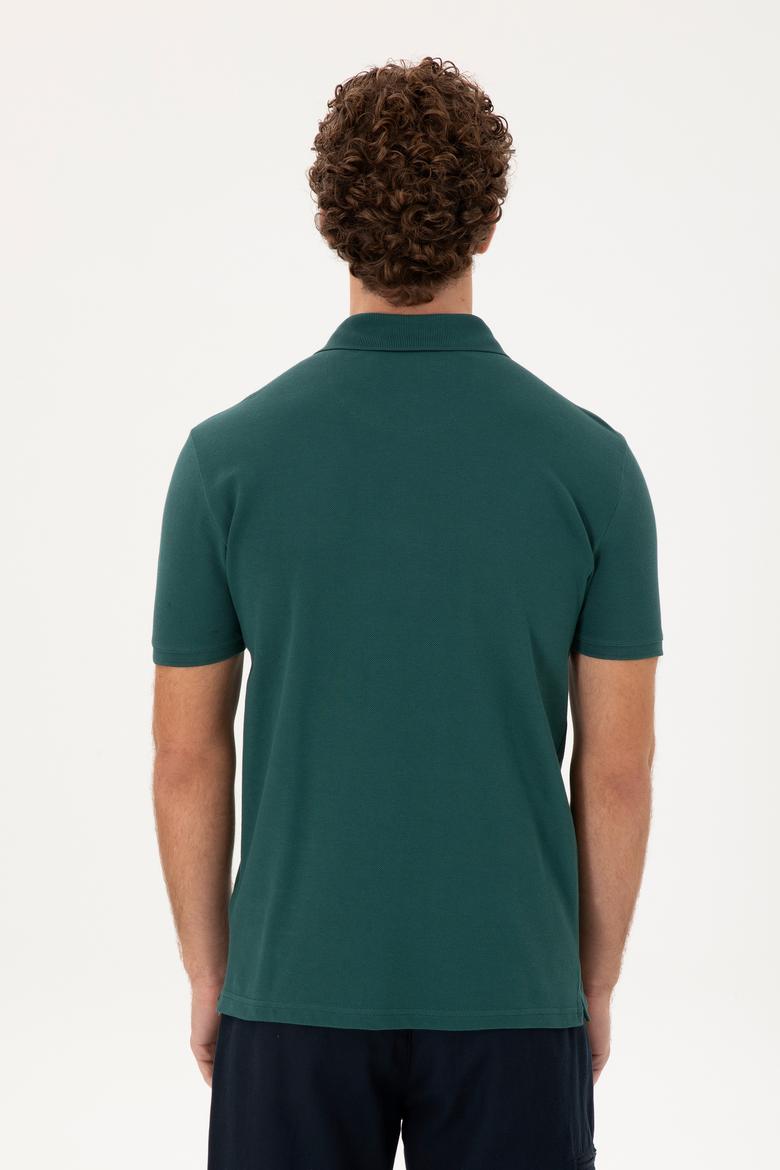 Erkek Slim Fit Polo Yaka Koyu Yeşil Basic Tişört - 50297456031