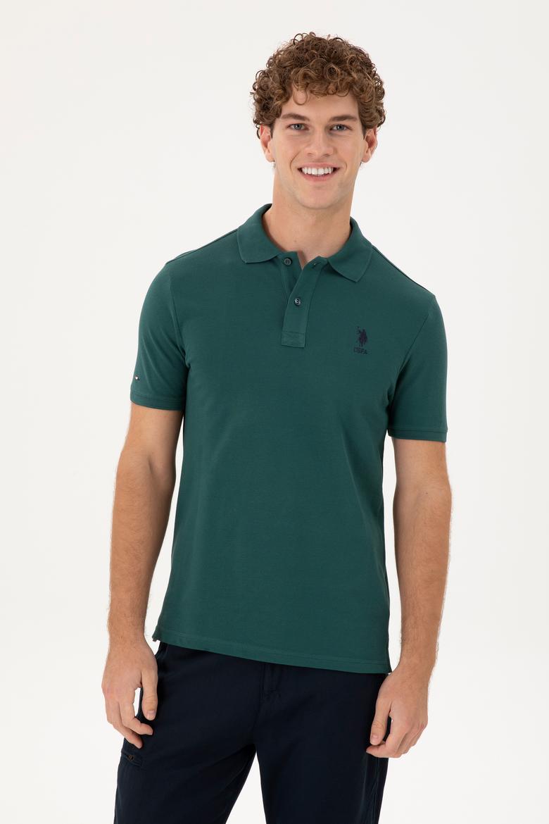 Erkek Slim Fit Polo Yaka Koyu Yeşil Basic Tişört