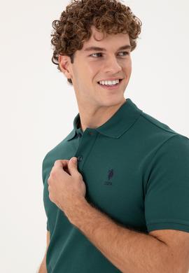 Erkek Slim Fit Polo Yaka Koyu Yeşil Basic Tişört - 50297456031