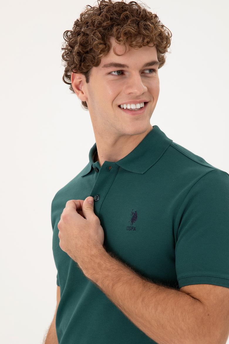Erkek Slim Fit Polo Yaka Koyu Yeşil Basic Tişört - 50297456031