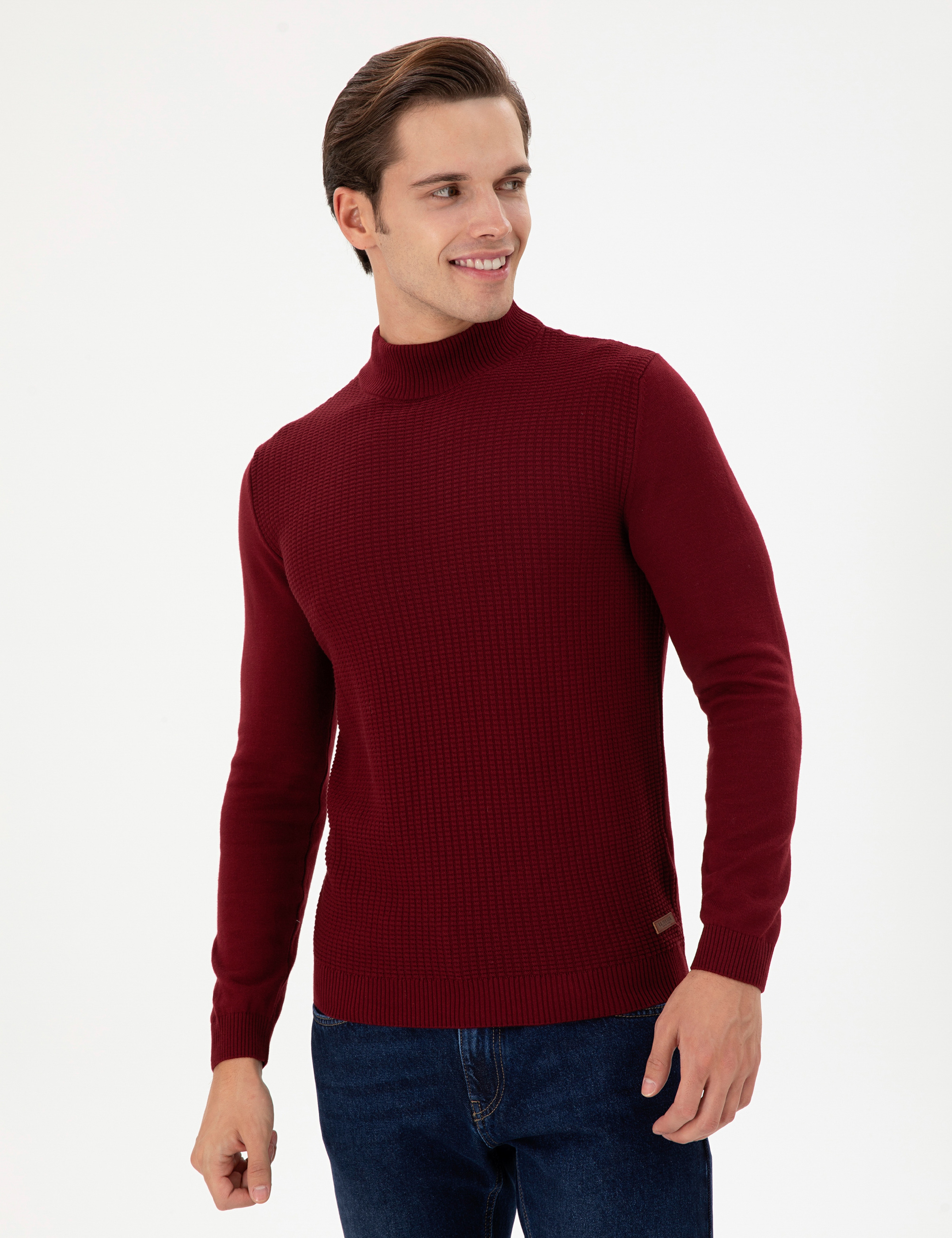 Erkek Slim Fit Yarım Balıkçı Yaka Bordo Kazak - Image 3