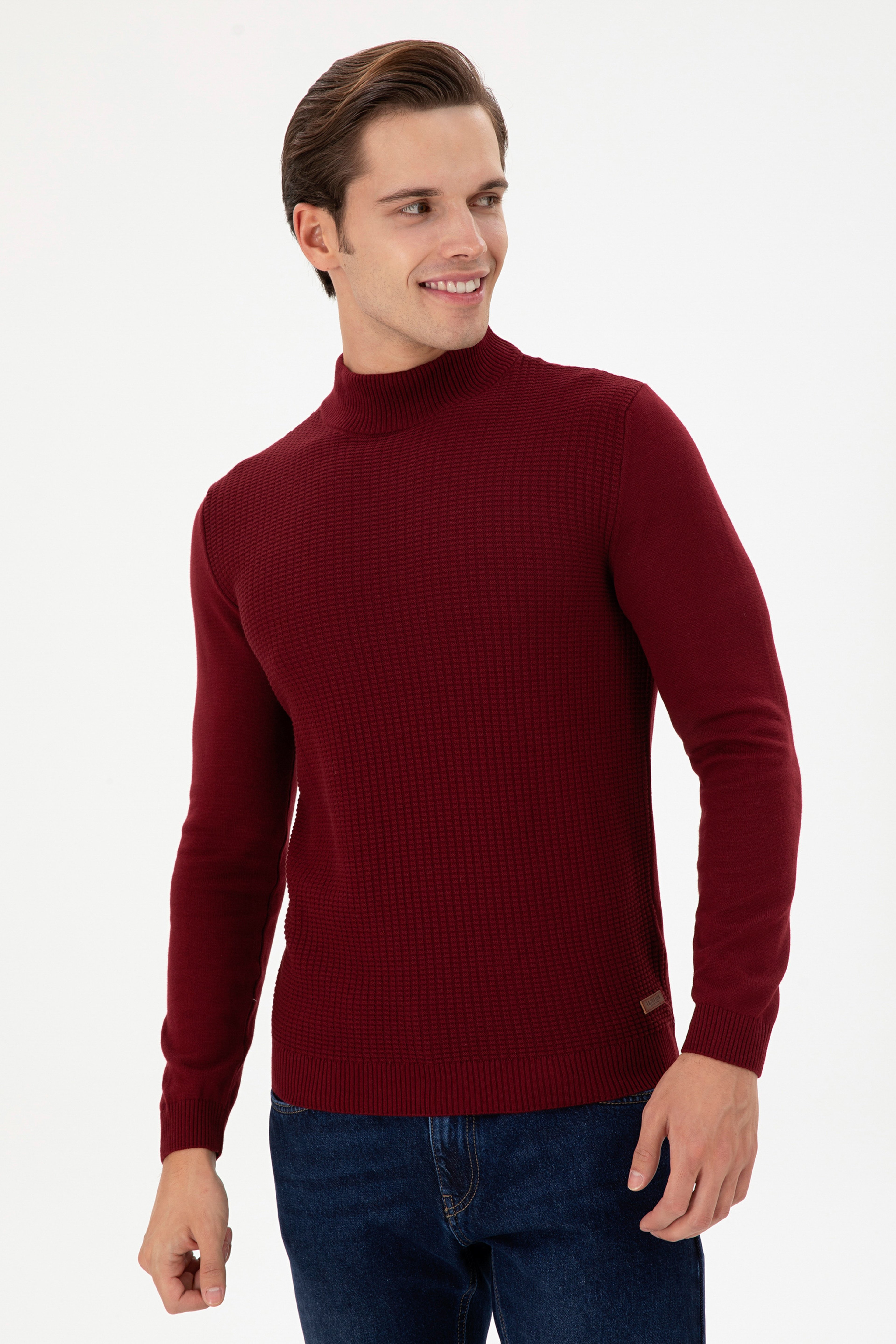 Erkek Slim Fit Yarım Balıkçı Yaka Bordo Kazak