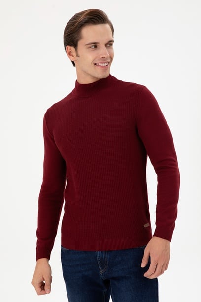 Erkek Slim Fit Yarım Balıkçı Yaka Bordo Kazak