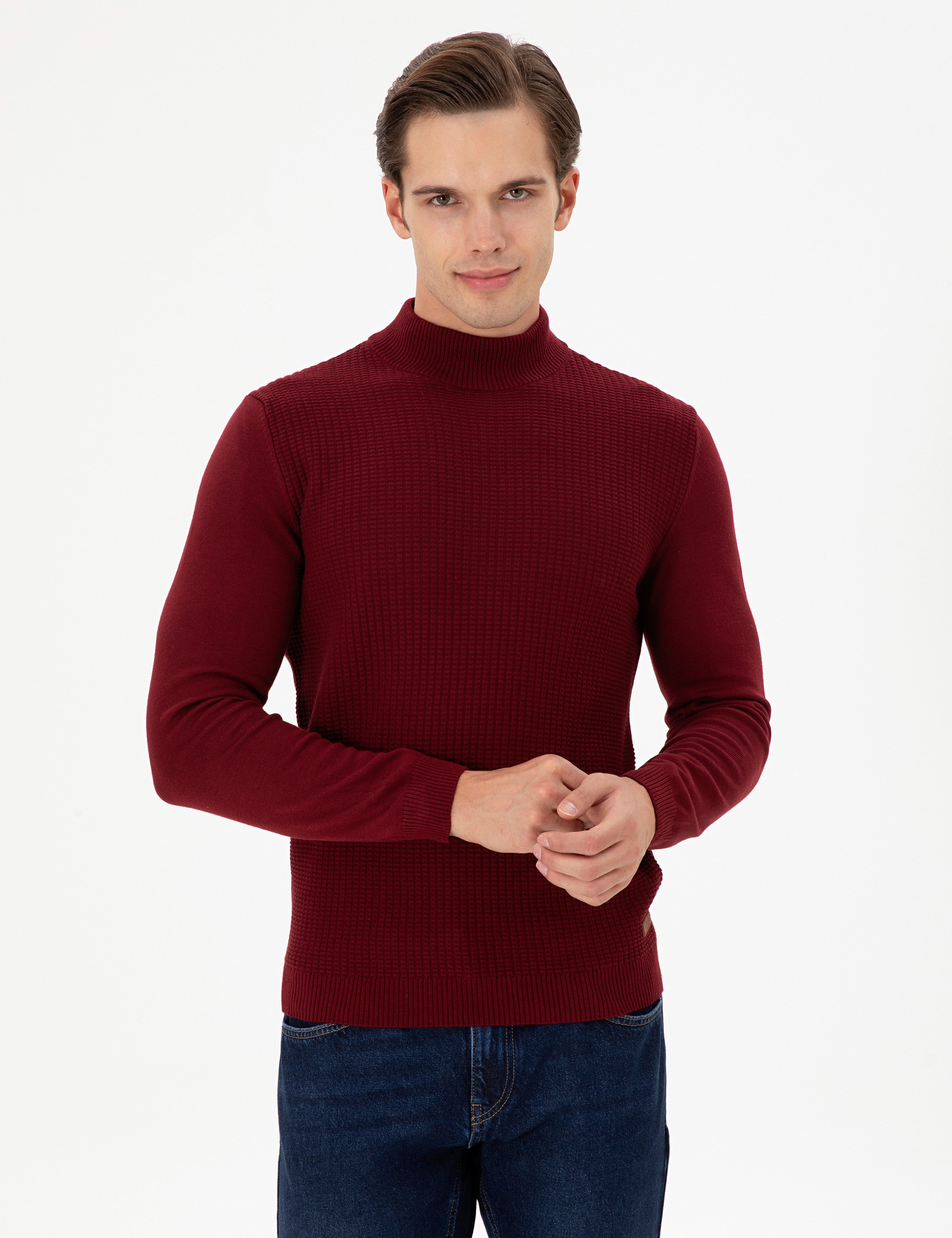 Erkek Slim Fit Yarım Balıkçı Yaka Bordo Kazak - Image 1
