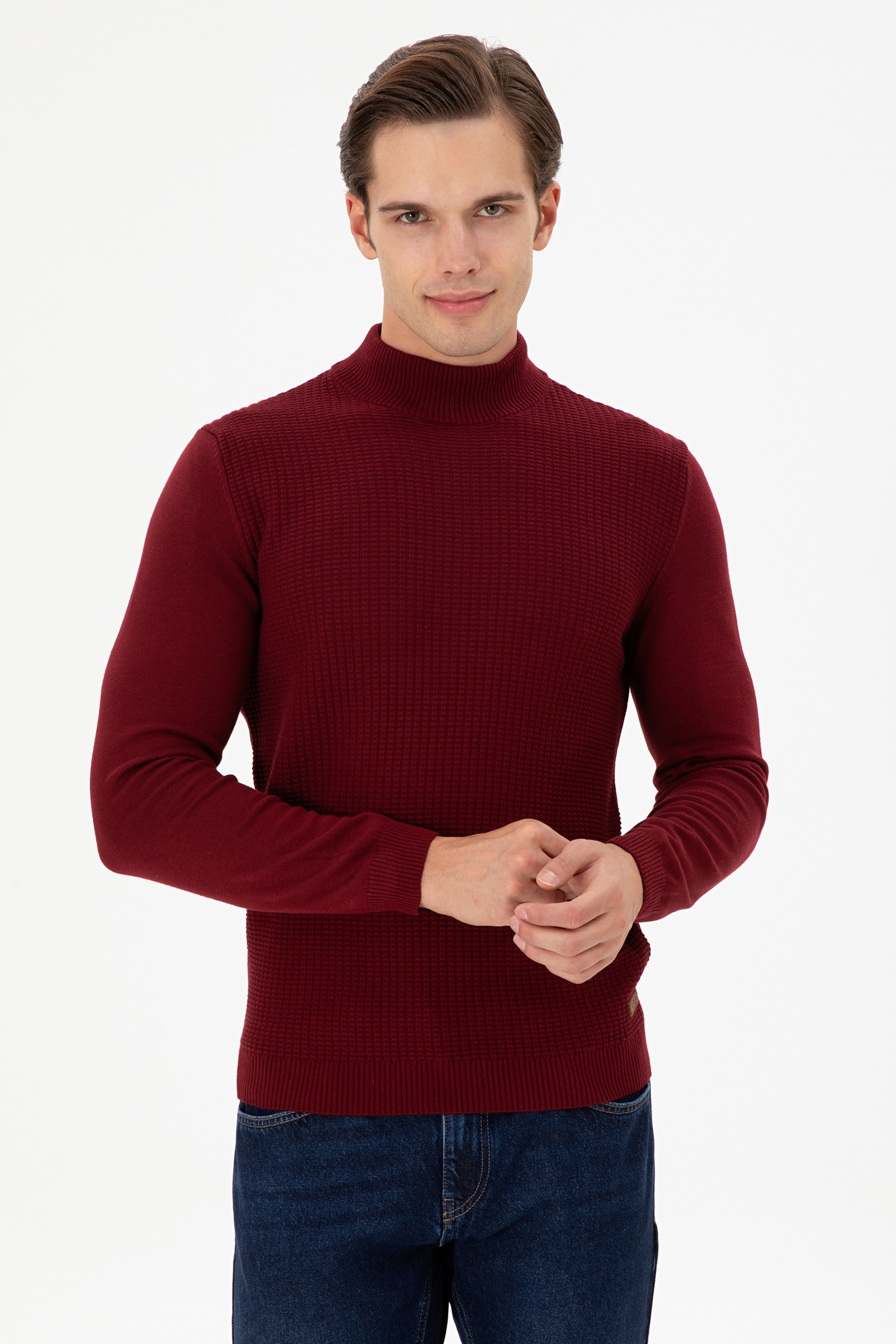 Erkek Slim Fit Yarım Balıkçı Yaka Bordo Kazak