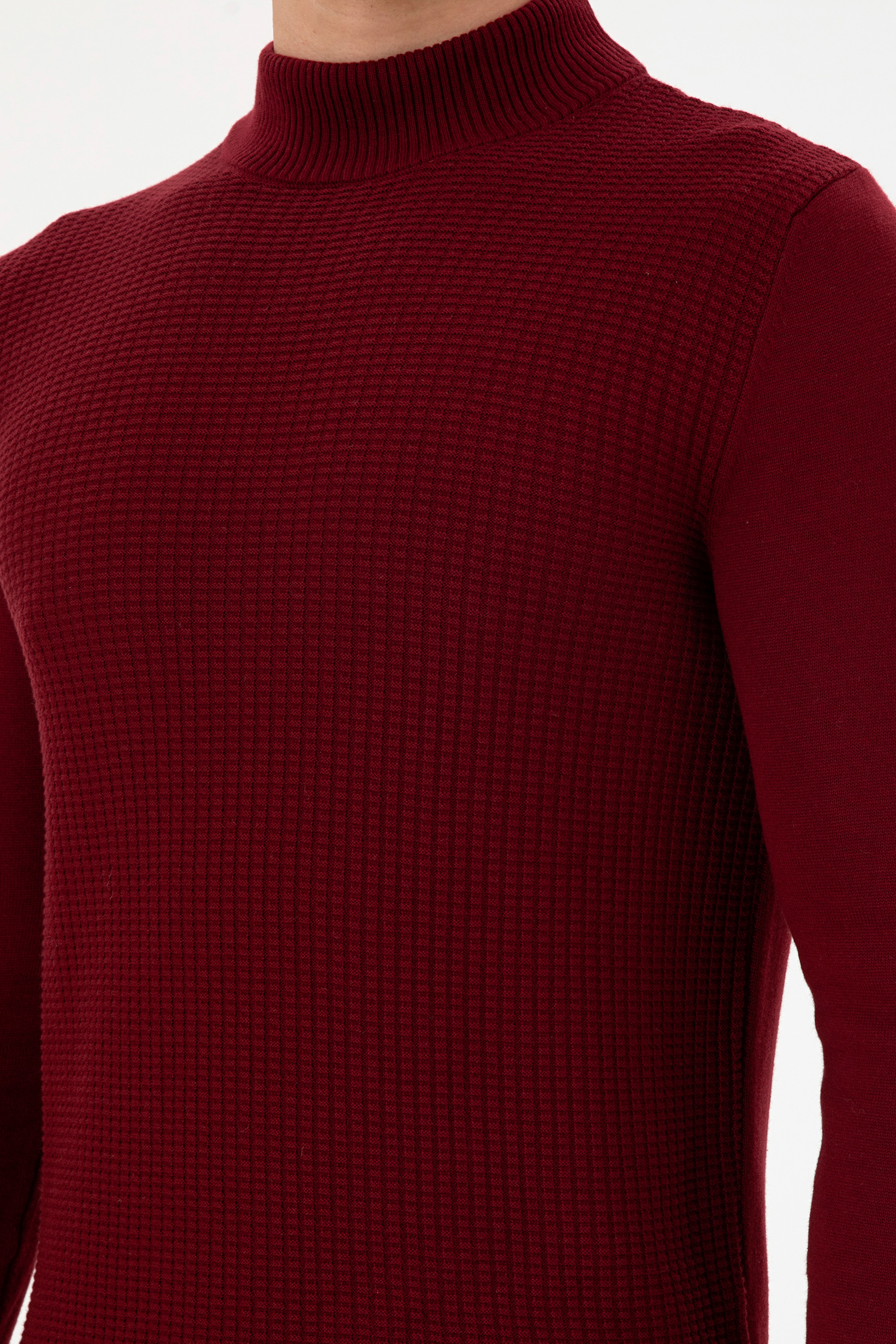 Erkek Slim Fit Yarım Balıkçı Yaka Bordo Kazak