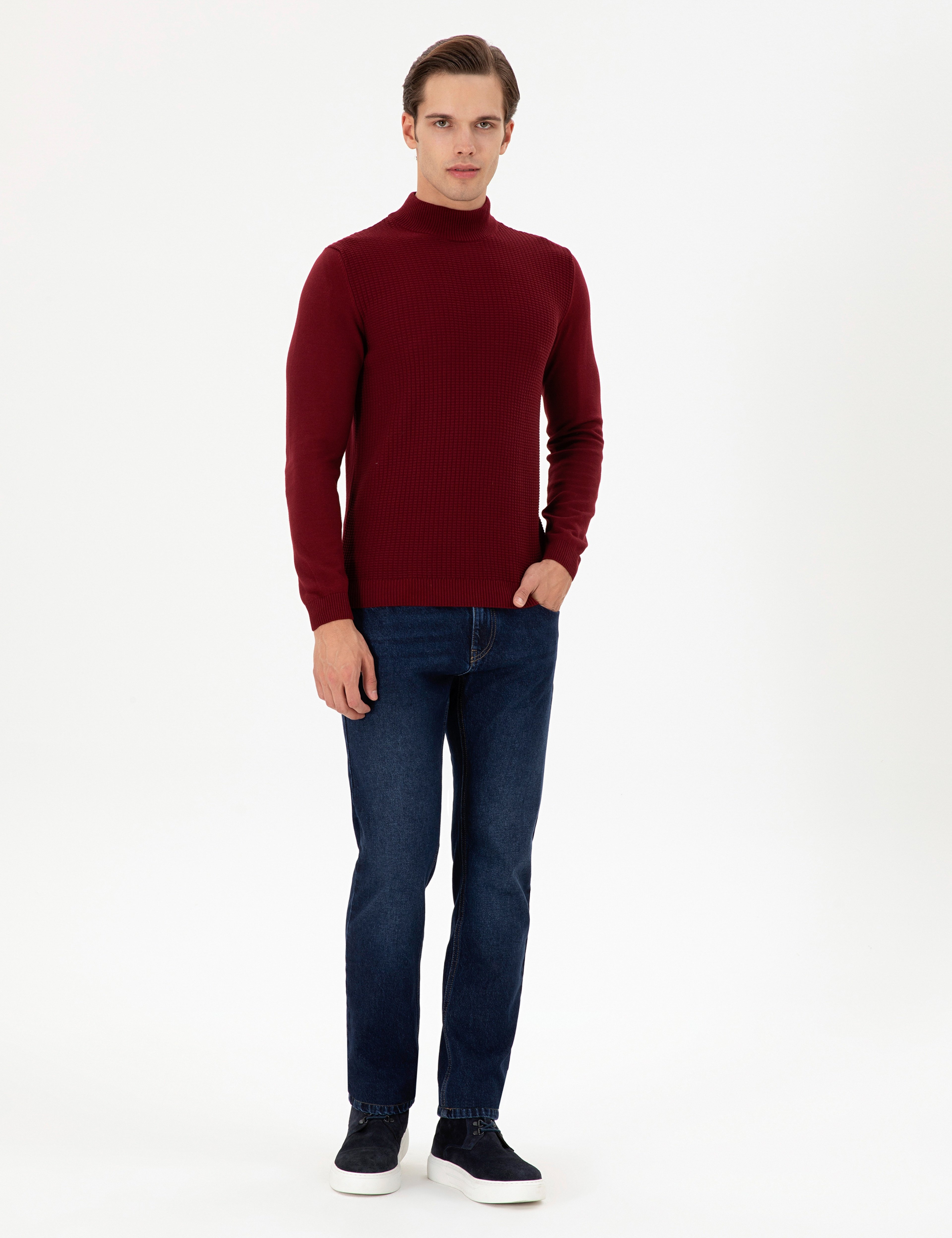 Erkek Slim Fit Yarım Balıkçı Yaka Bordo Kazak - Image 4