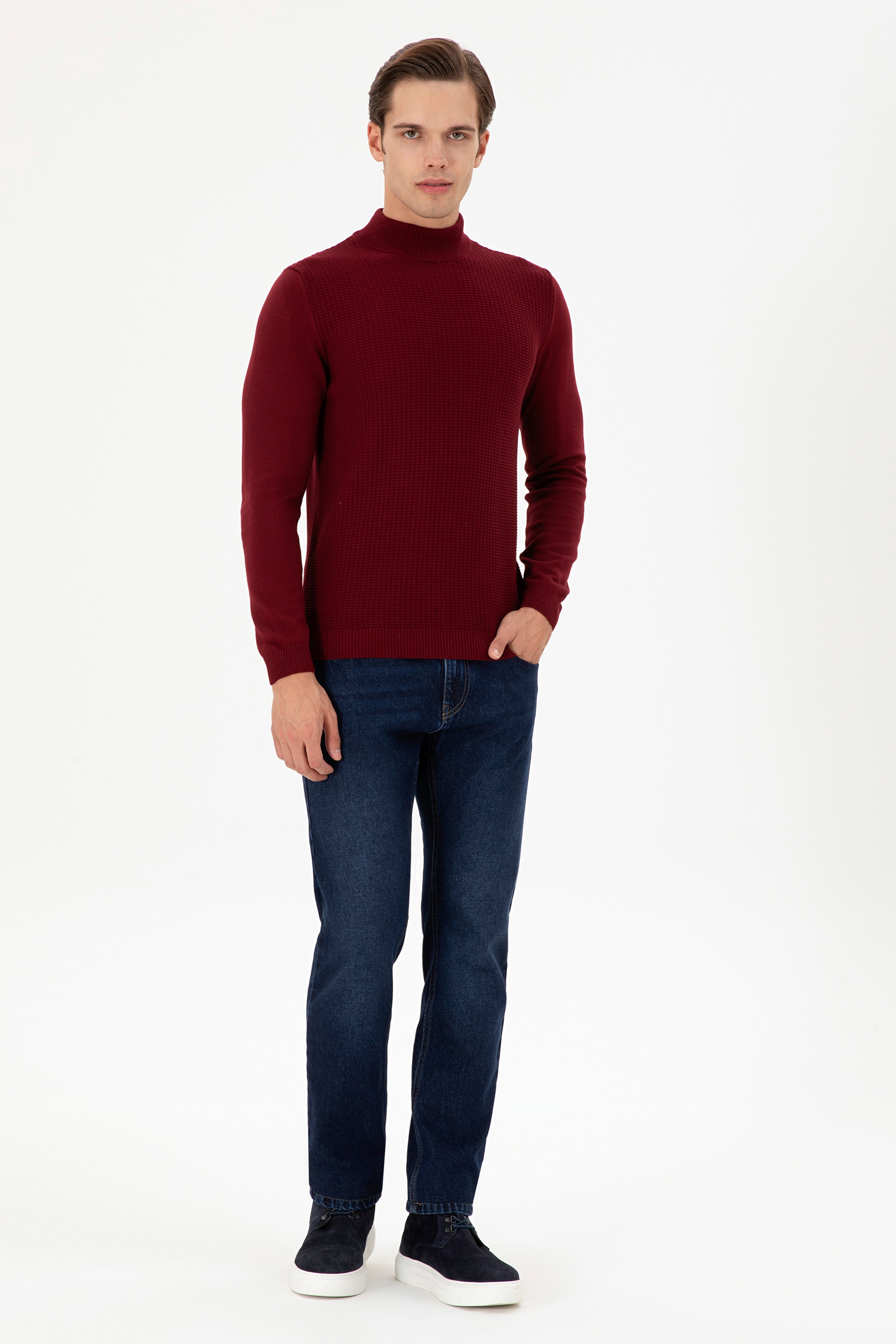 Erkek Slim Fit Yarım Balıkçı Yaka Bordo Kazak