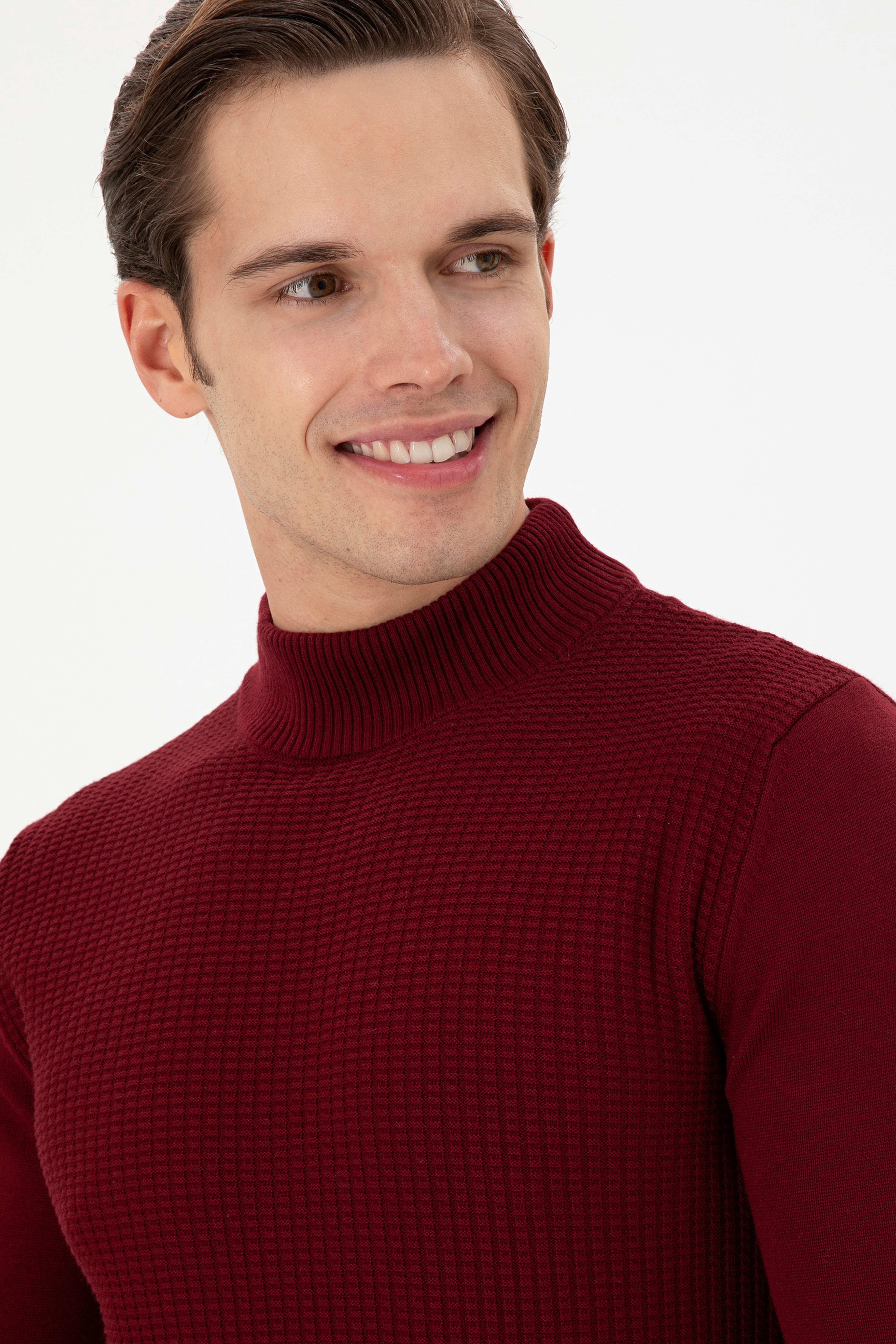 Erkek Slim Fit Yarım Balıkçı Yaka Bordo Kazak