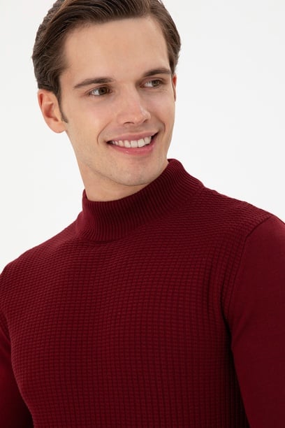 Erkek Slim Fit Yarım Balıkçı Yaka Bordo Kazak