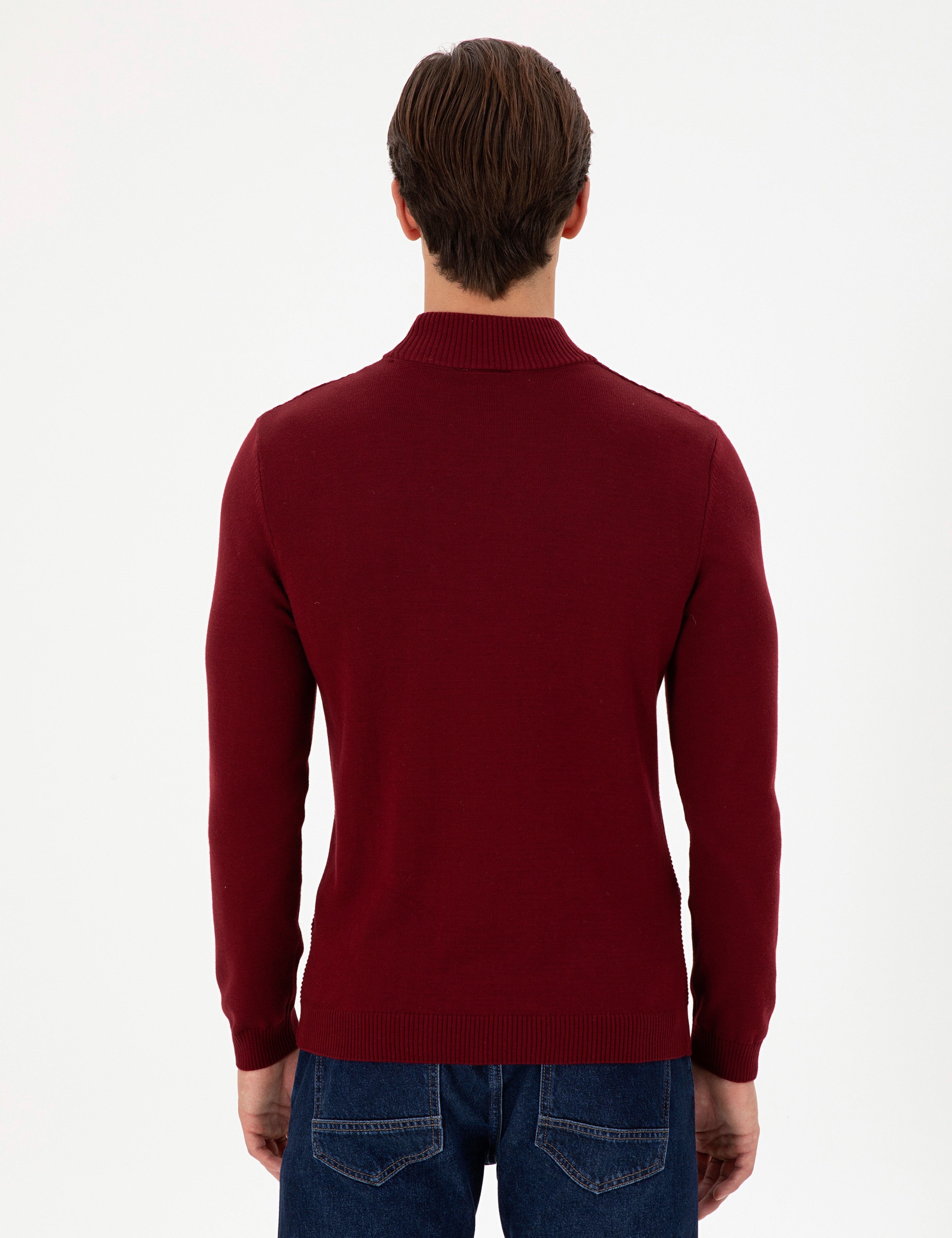 Erkek Slim Fit Yarım Balıkçı Yaka Bordo Kazak - Image 5