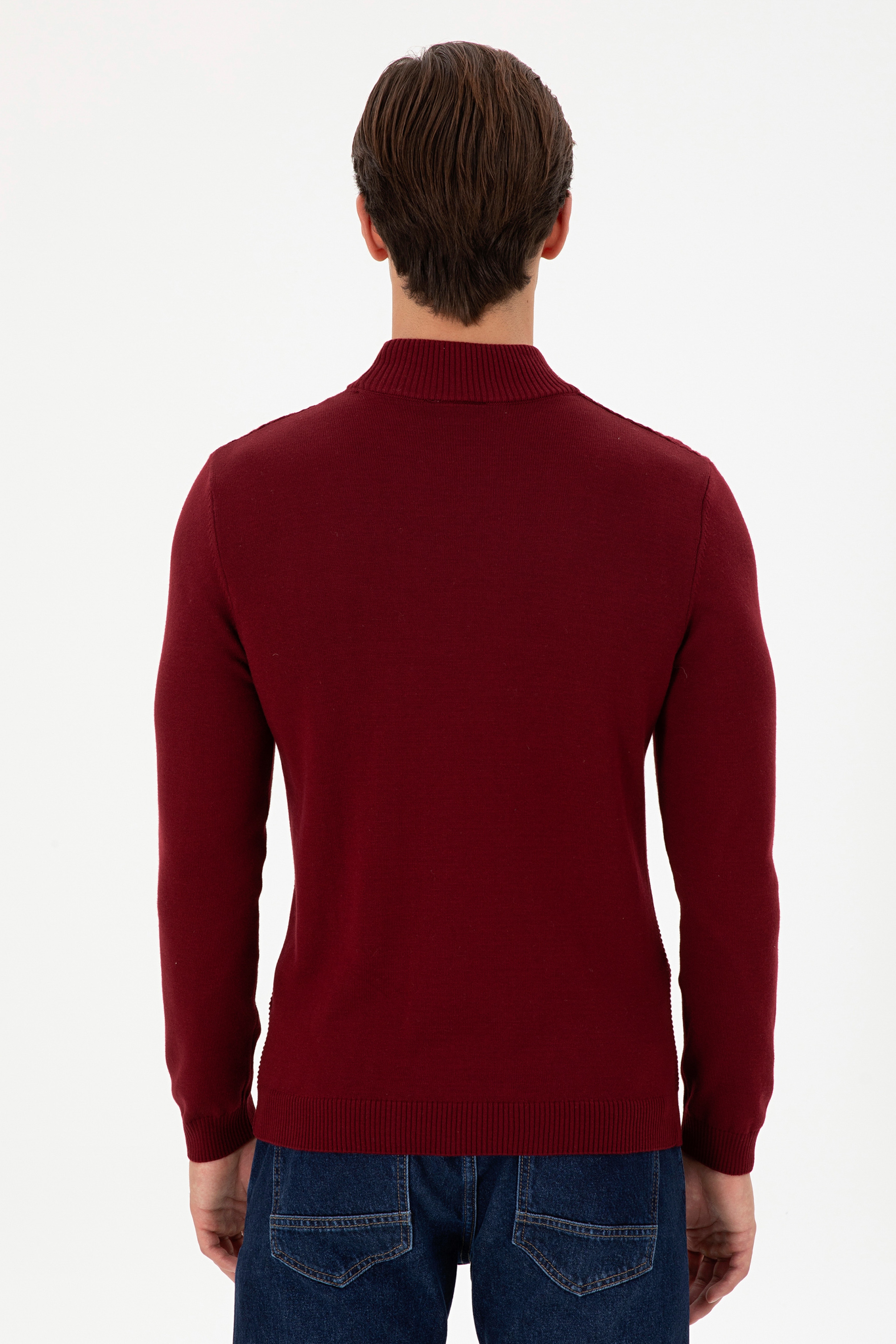 Erkek Slim Fit Yarım Balıkçı Yaka Bordo Kazak