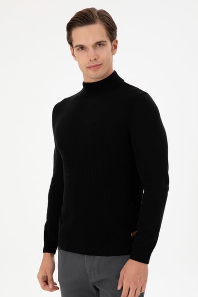 Erkek Slim Fit Yarım Balıkçı Yaka Siyah Kazak