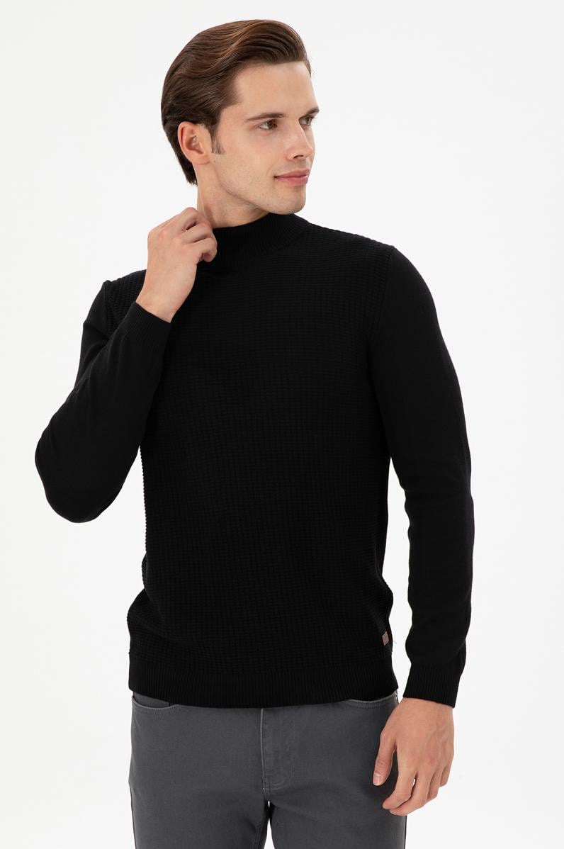 Erkek Slim Fit Yarım Balıkçı Yaka Siyah Kazak