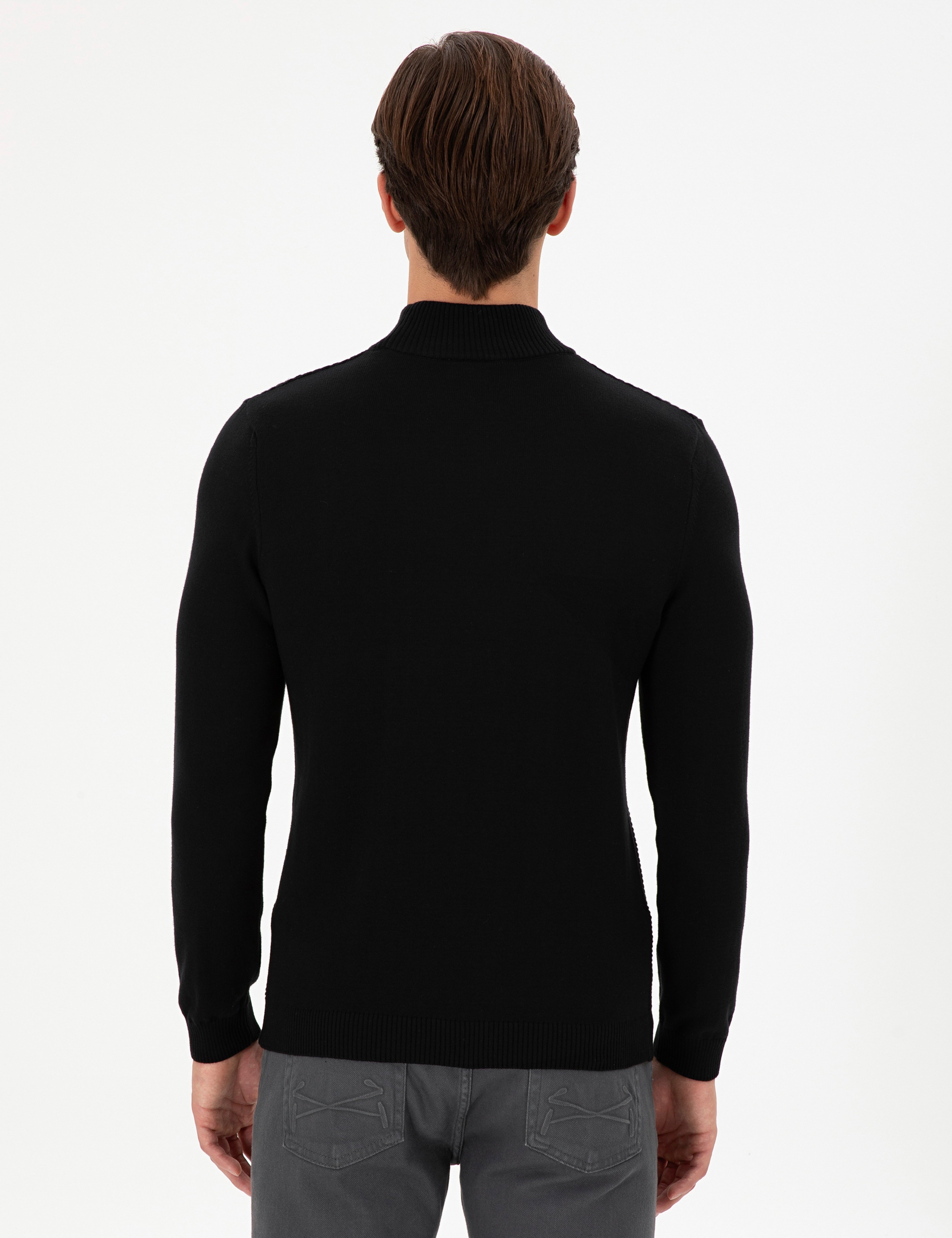 Erkek Slim Fit Yarım Balıkçı Yaka Siyah Kazak - Image 5