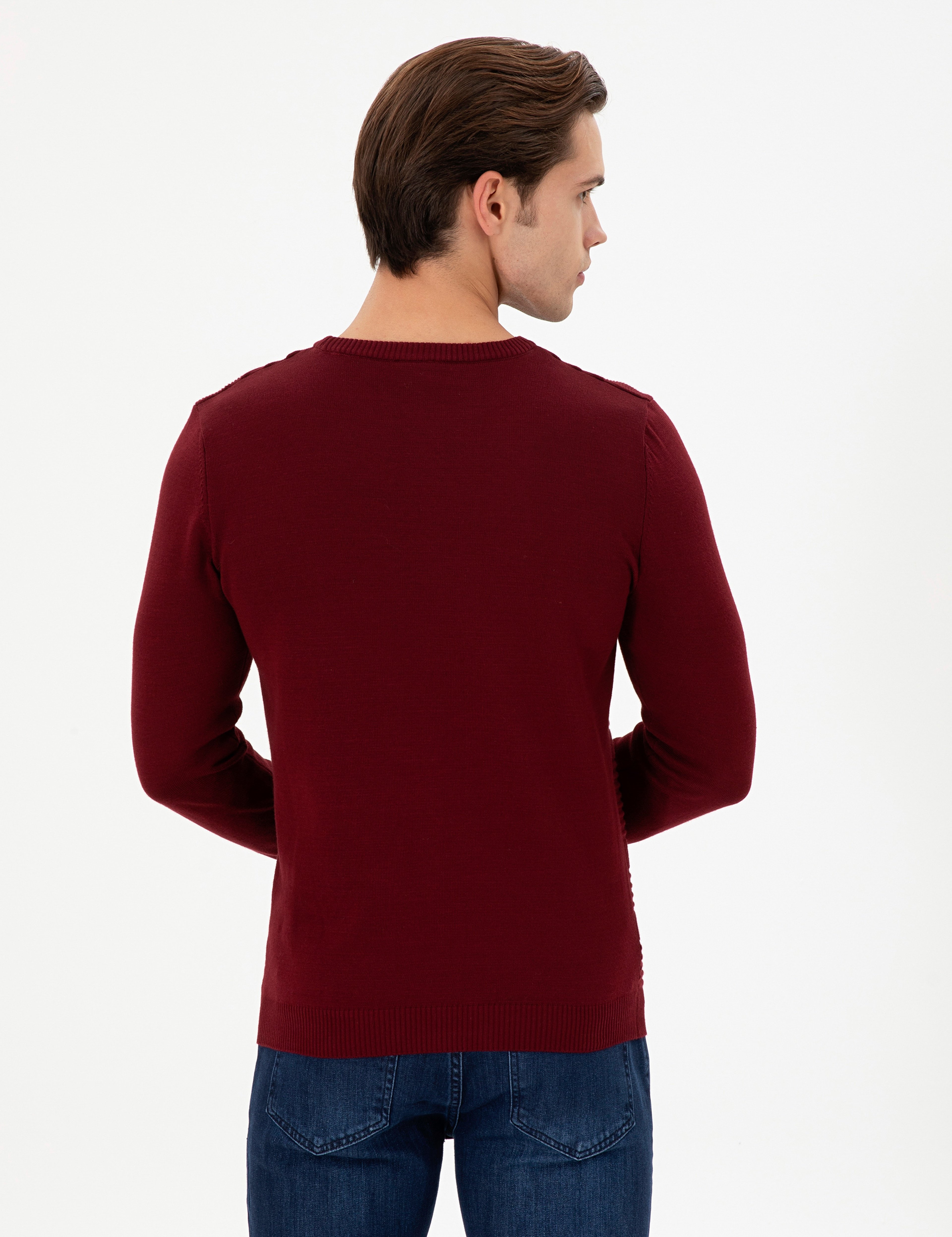 Erkek Slim Fit Bisiklet Yaka Bordo Kazak - Image 5