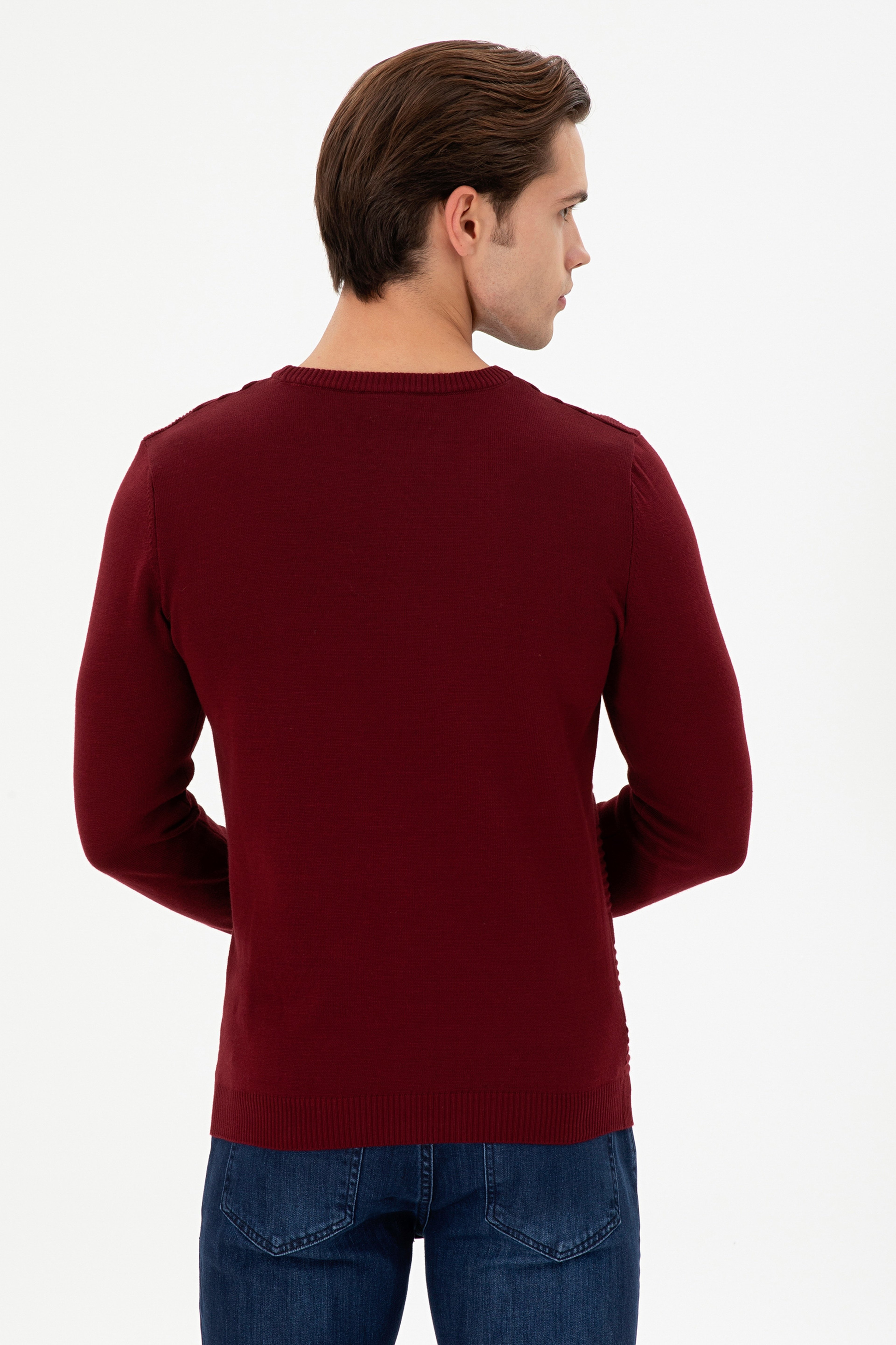 Erkek Slim Fit Bisiklet Yaka Bordo Kazak