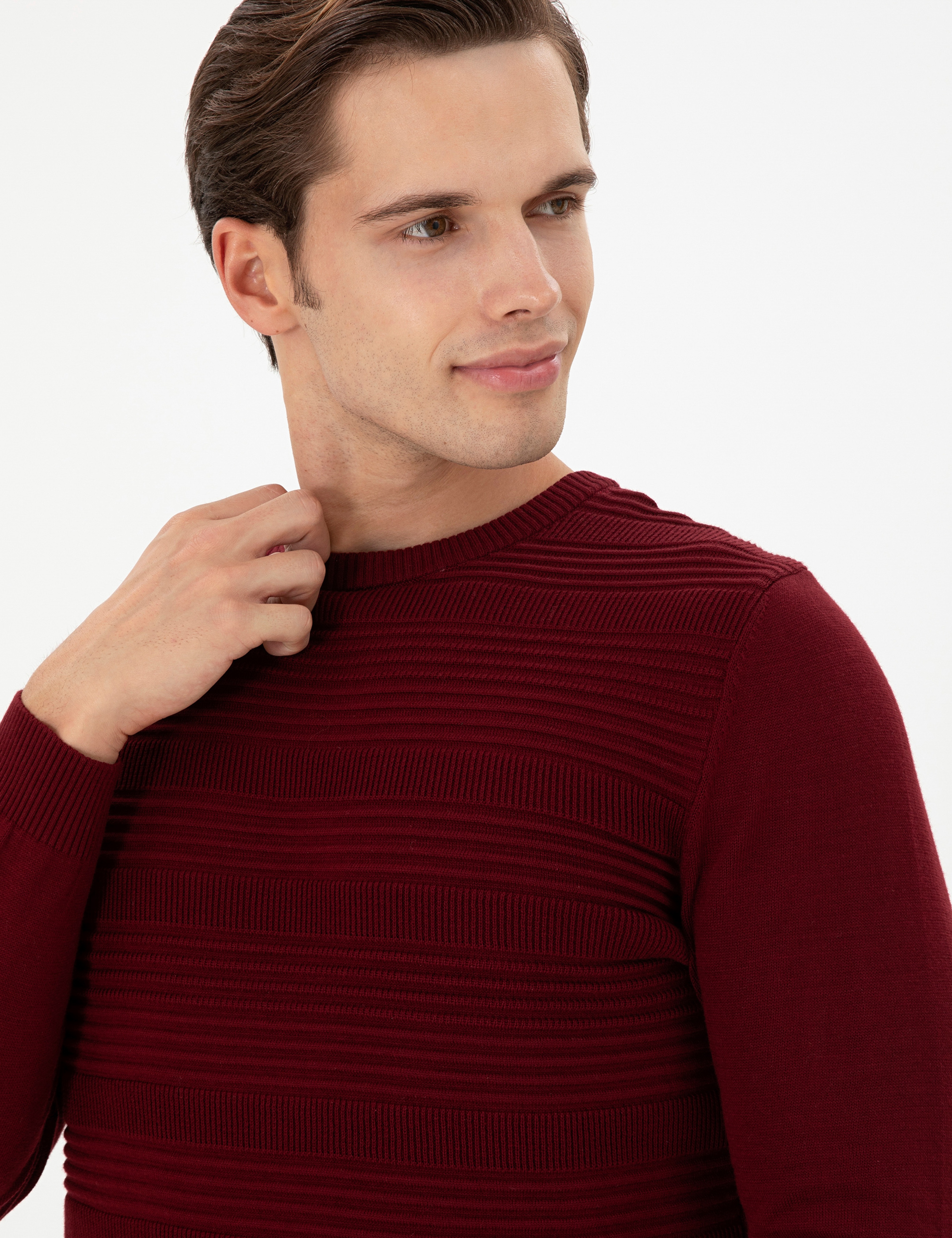 Erkek Slim Fit Bisiklet Yaka Bordo Kazak - Image 2