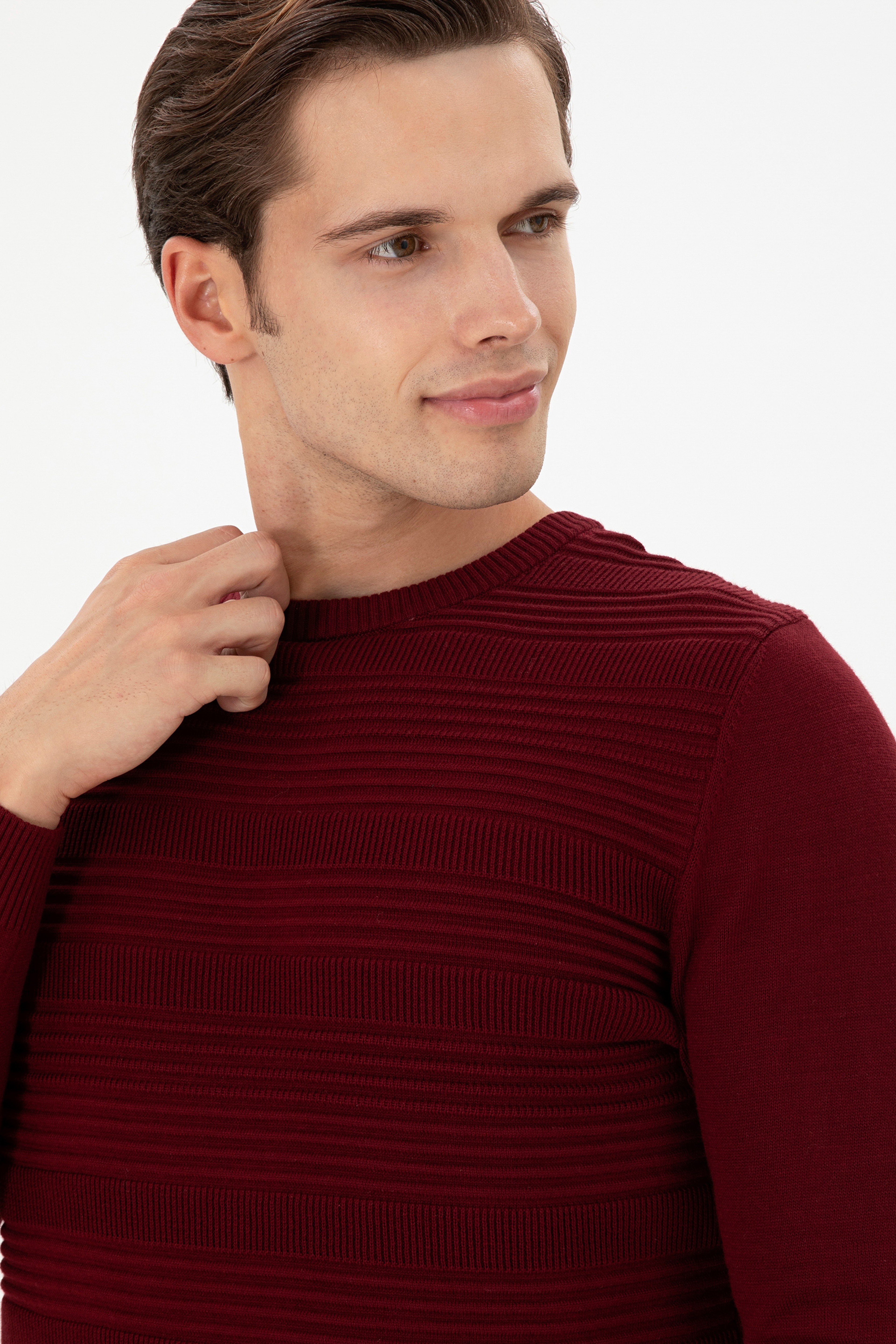 Erkek Slim Fit Bisiklet Yaka Bordo Kazak
